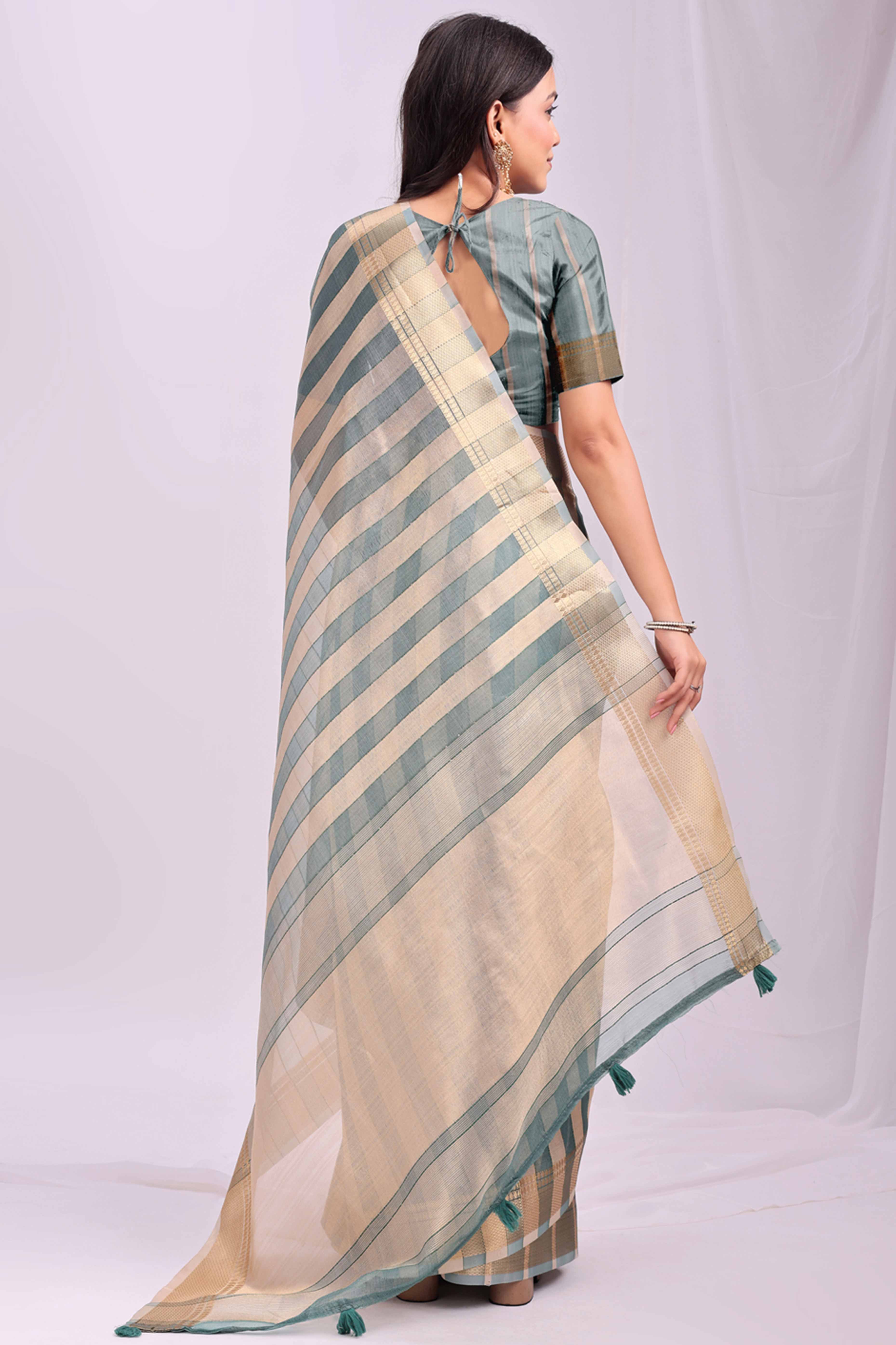 Green Lightweight Organza Saree with Rich Zari Stripes Pattern