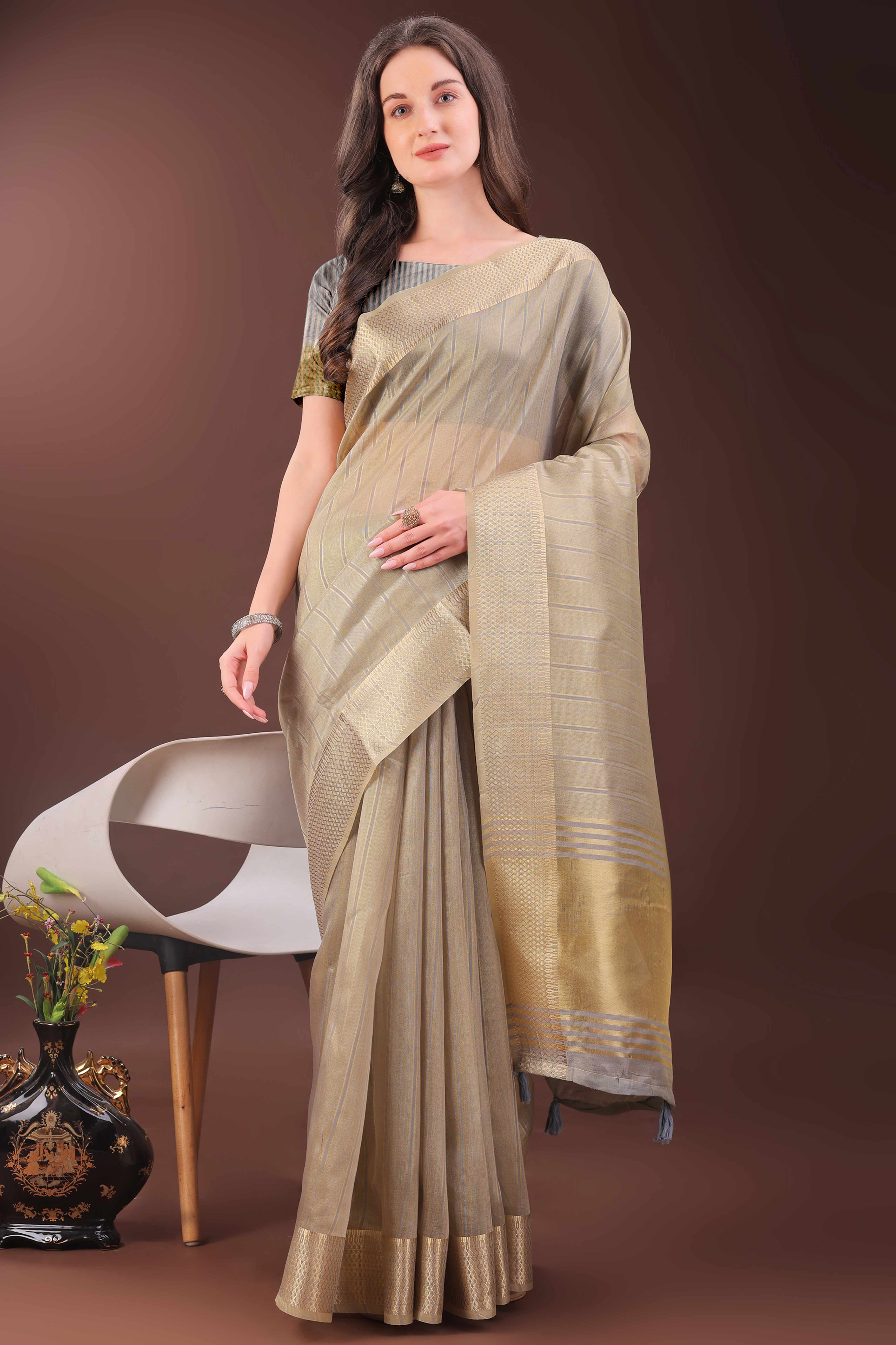 Beige Organza Saree With Zari Woven Stripes & Elegant Tassel Border