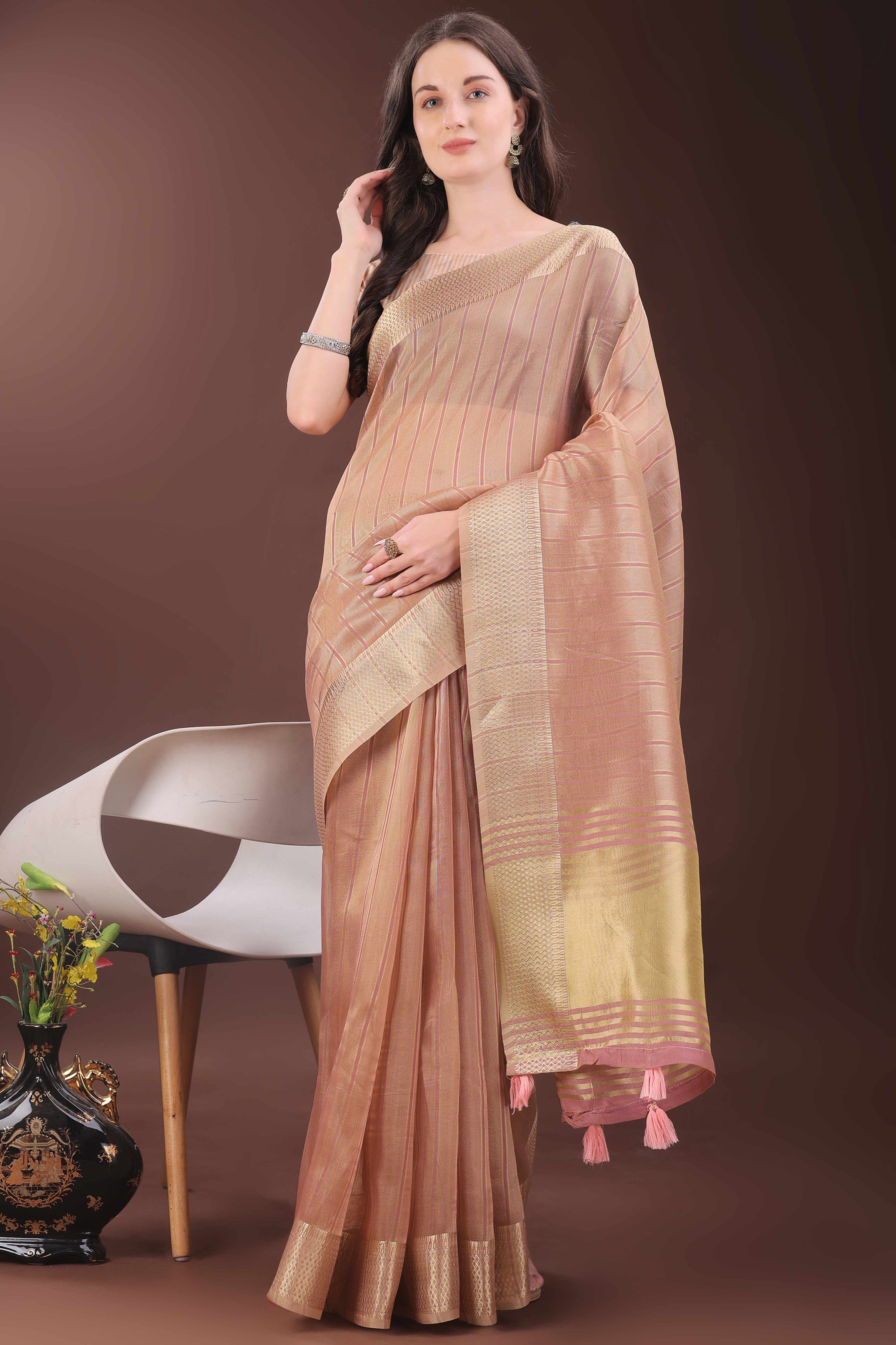 Peach Organza Saree With Zari Woven Stripes & Elegant Tassel Border