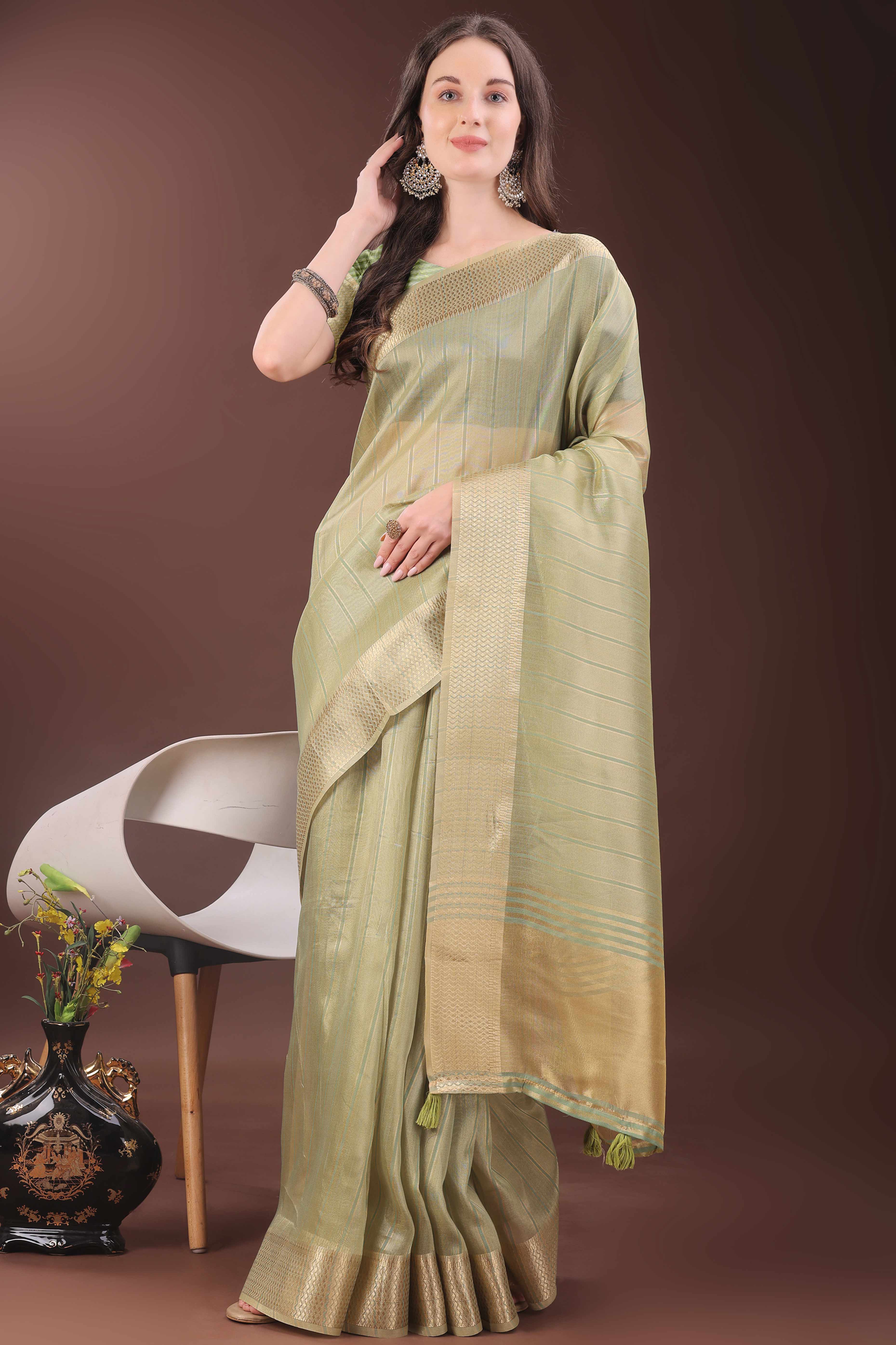 Green Organza Saree With Zari Woven Stripes & Elegant Tassel Border