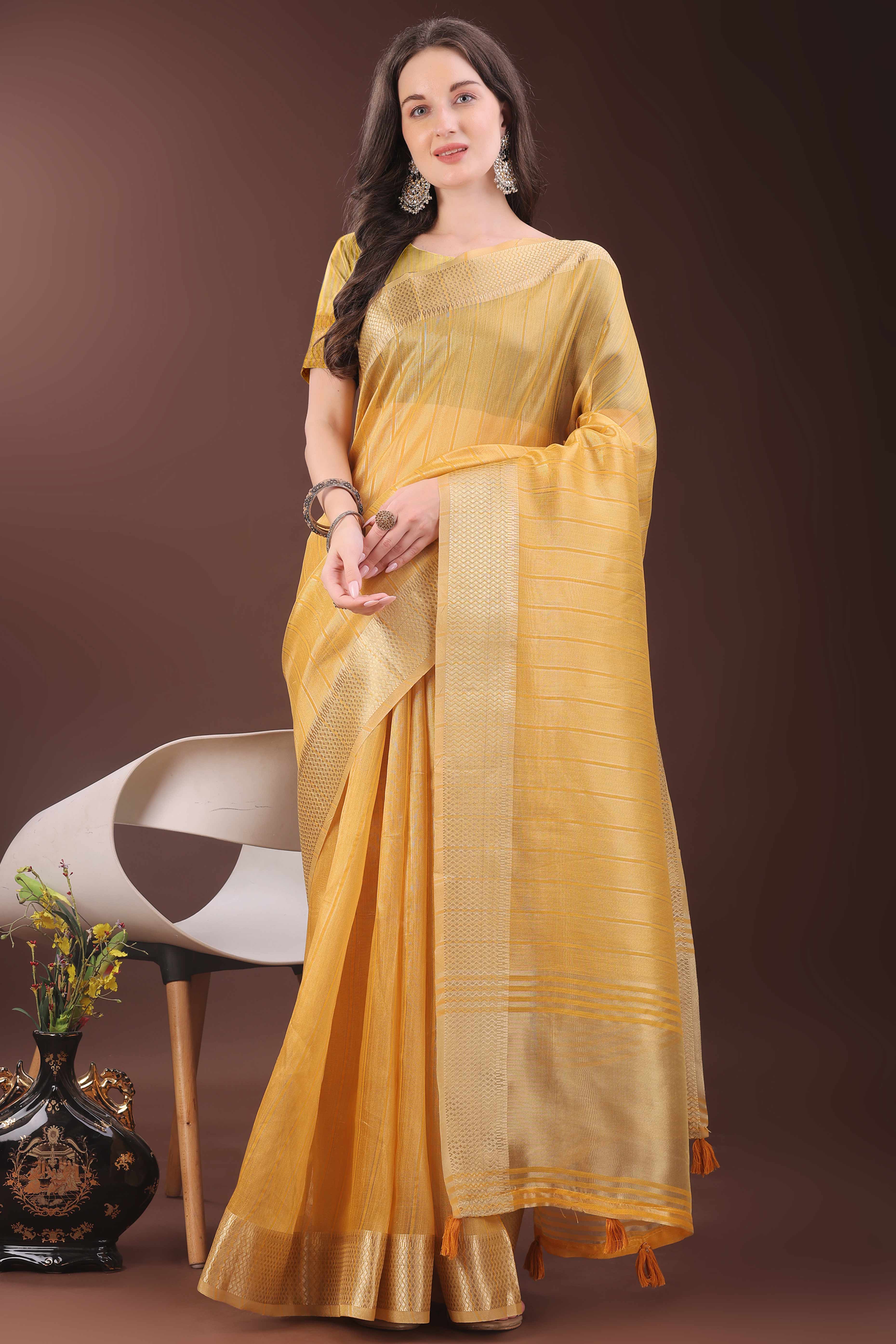 Mustard Organza Saree With Zari Woven Stripes & Elegant Tassel Border
