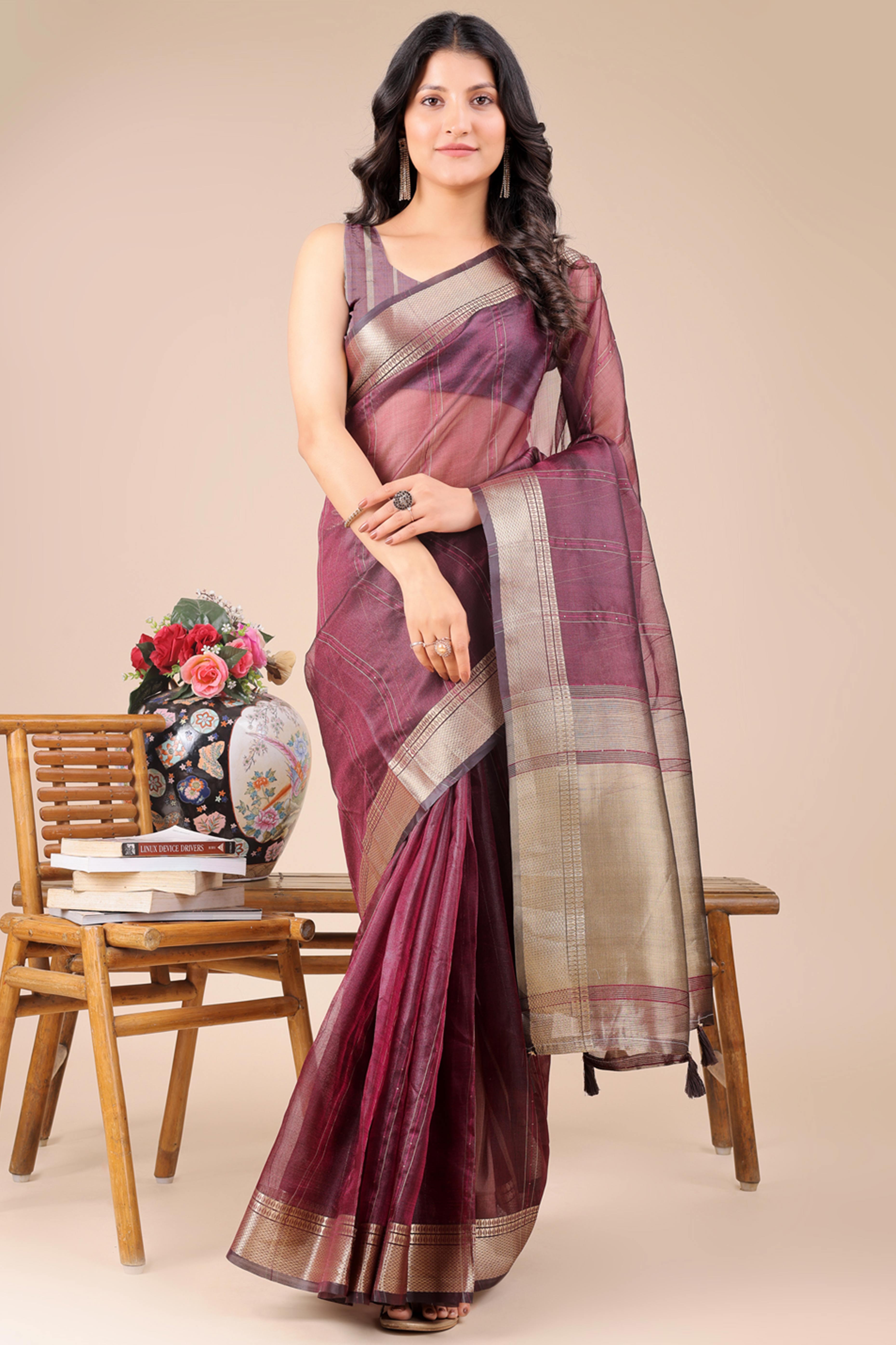 Wine Hue Organza Saree with Shimmering Zari Border Weave