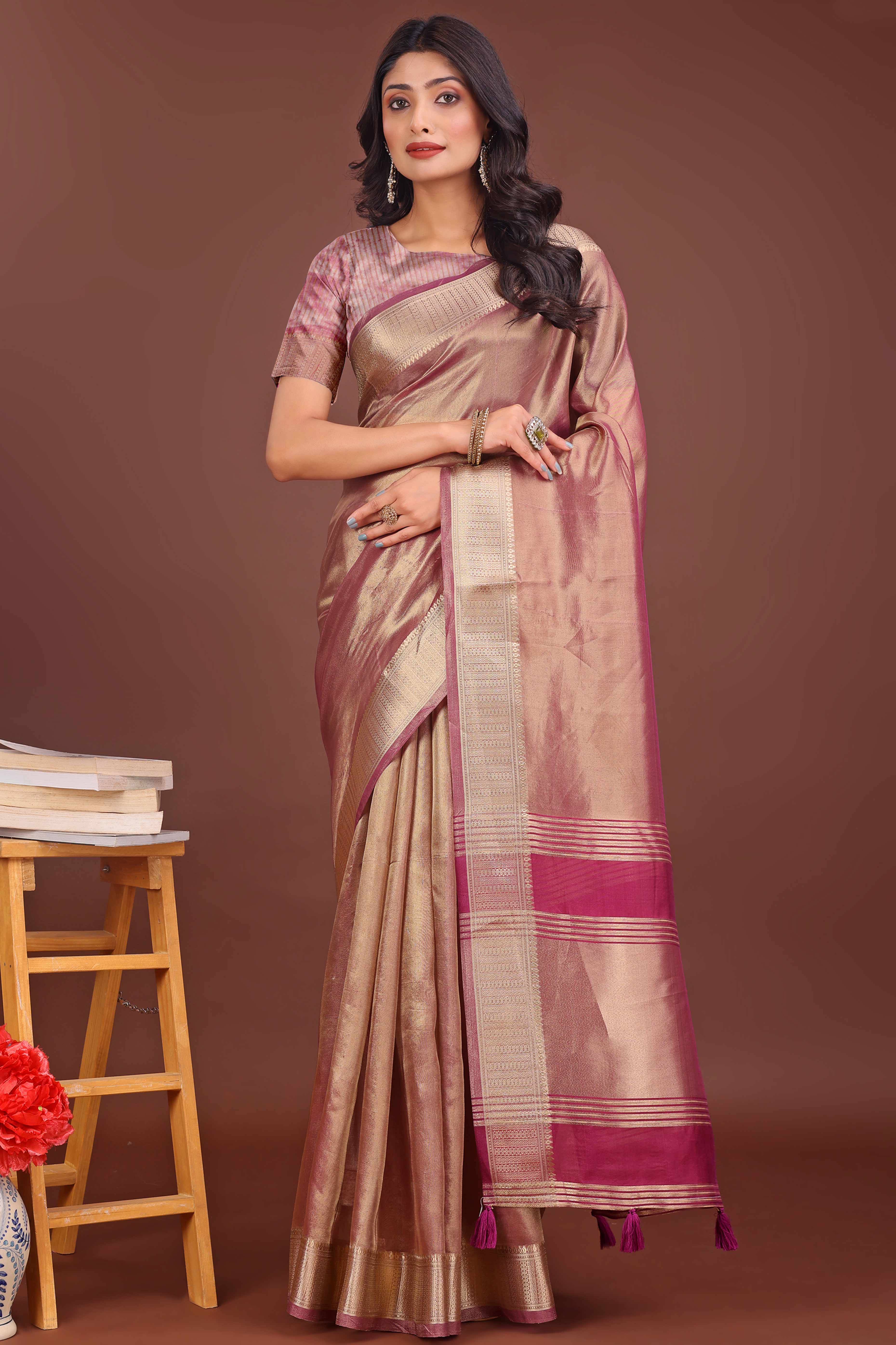 Onion Pink Organza Solid Saree With Lustrous Zari Weave &  Delicate Tassels