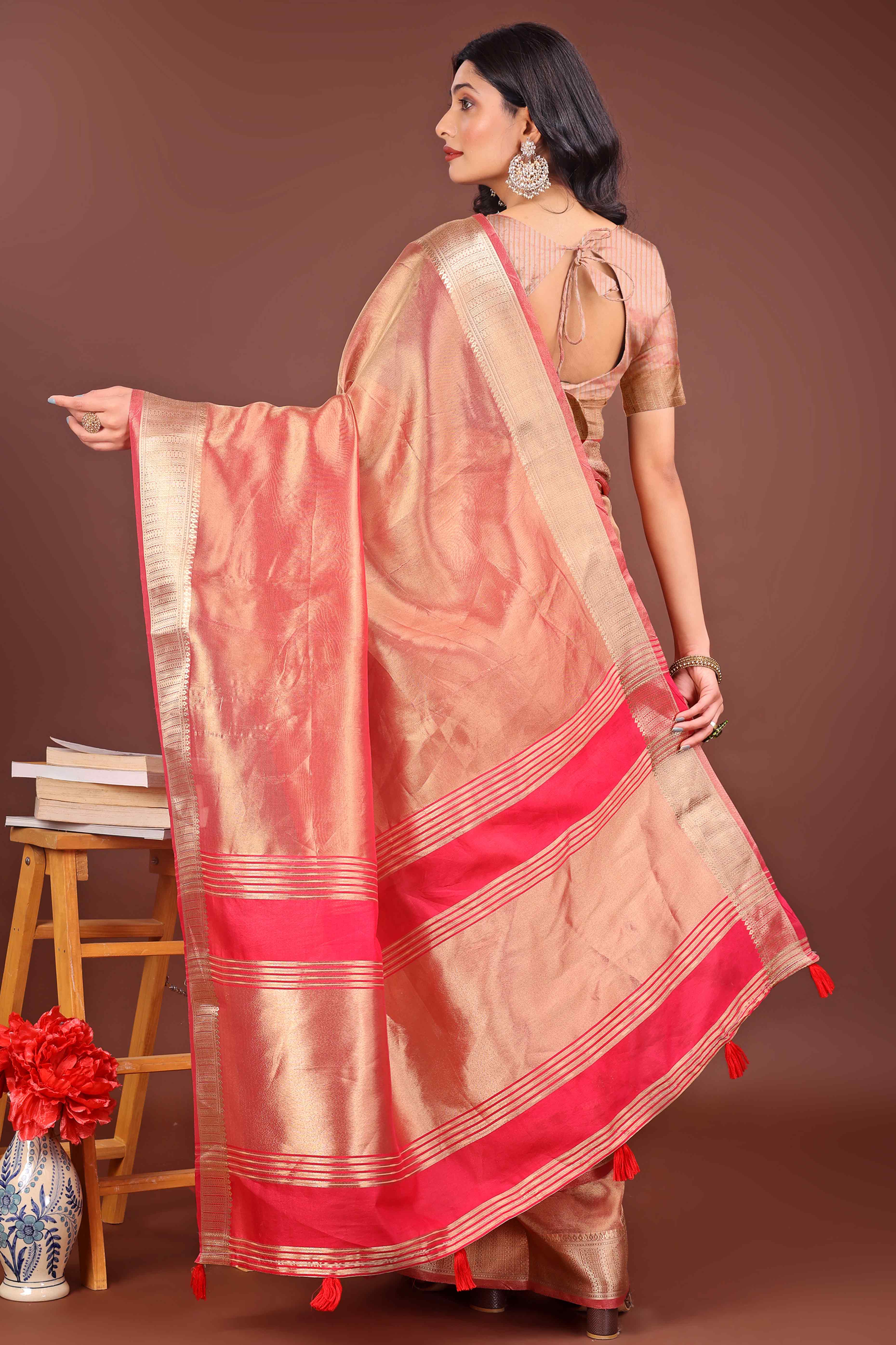 Gajari Pink Organza Solid Saree With Lustrous Zari Weave &  Delicate Tassels