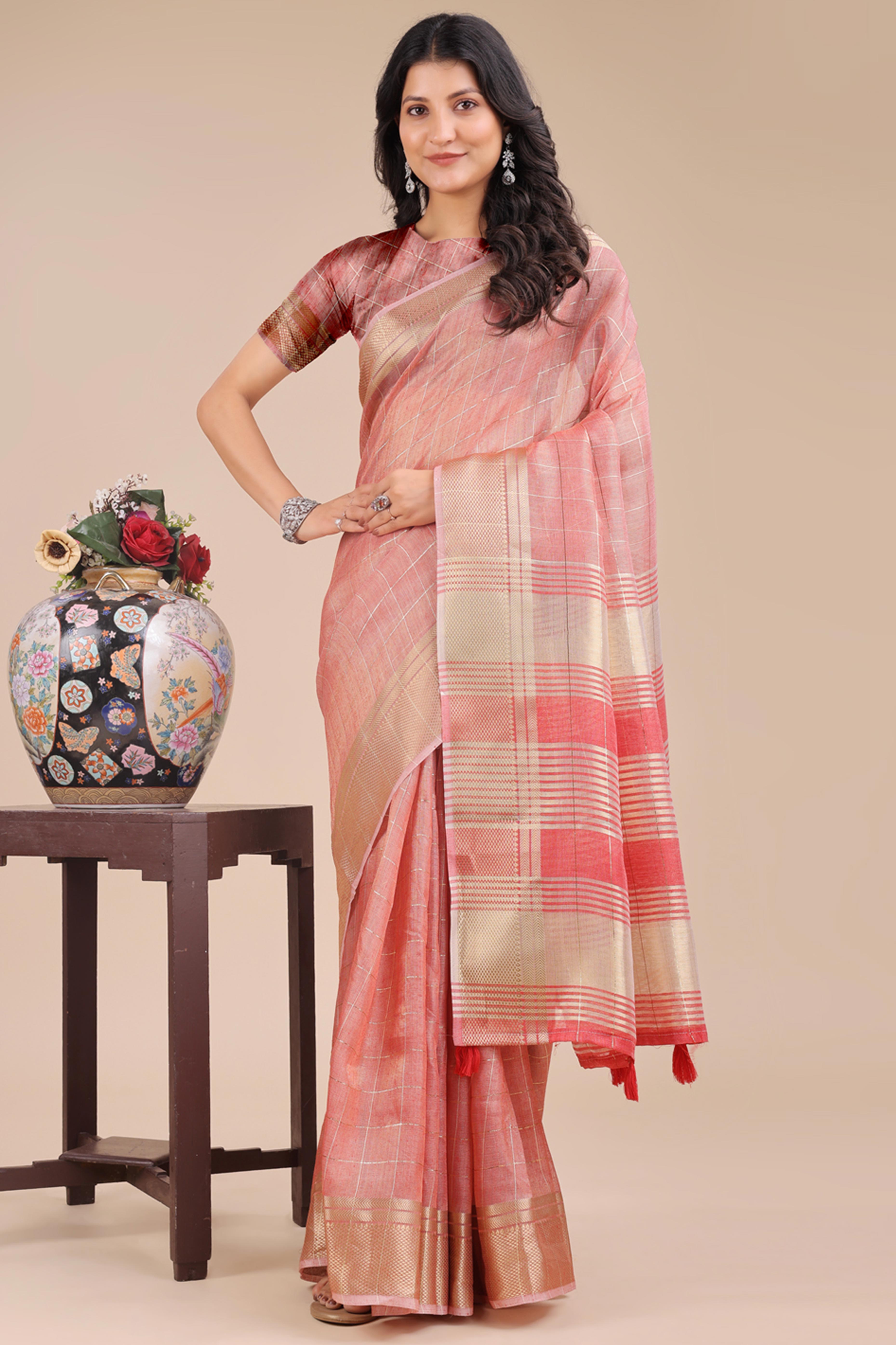 Peach Organza Saree with Checkered Zari Weaving and Tassels