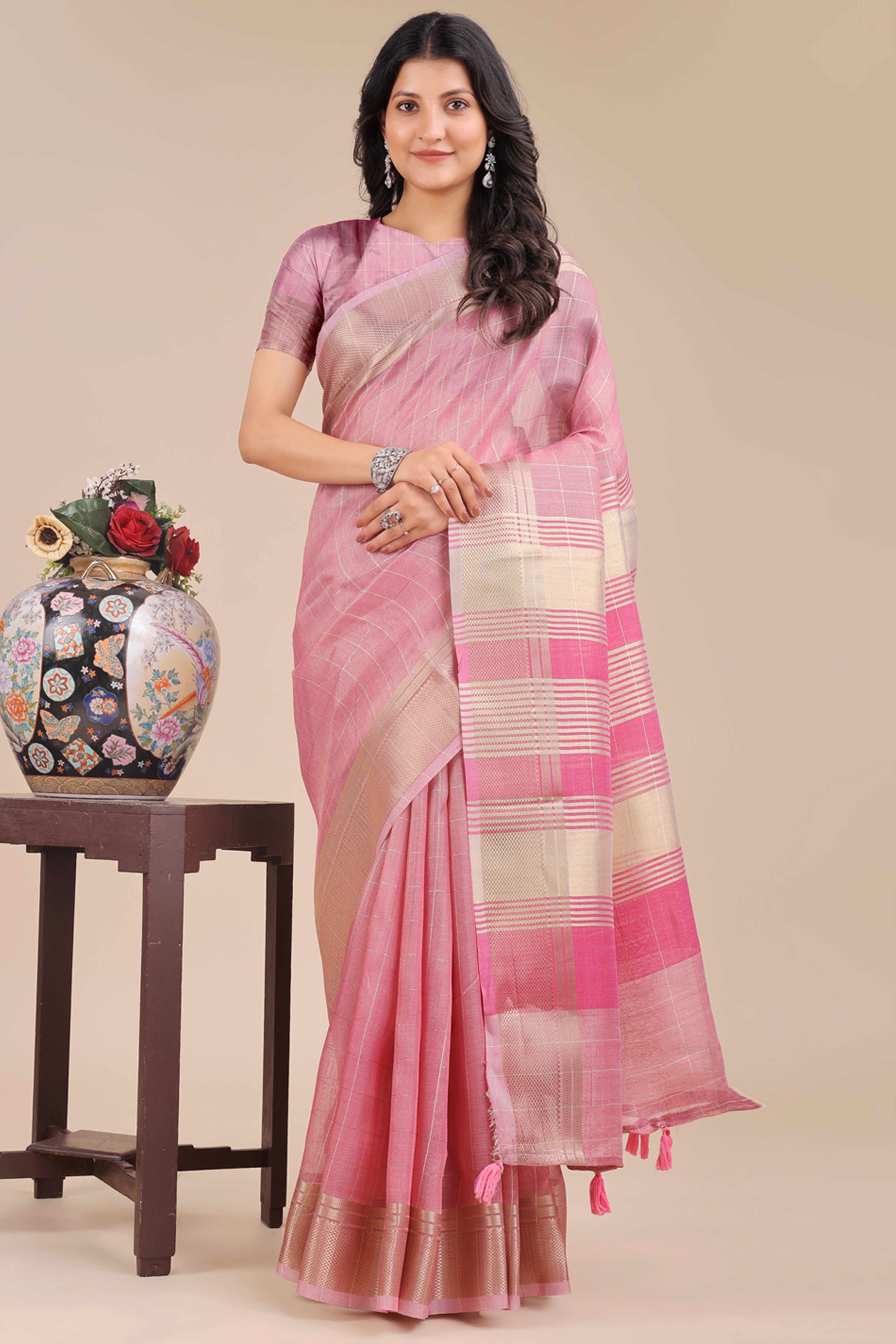 Pink Organza Saree with Checkered Zari Weaving Style and Tassels
