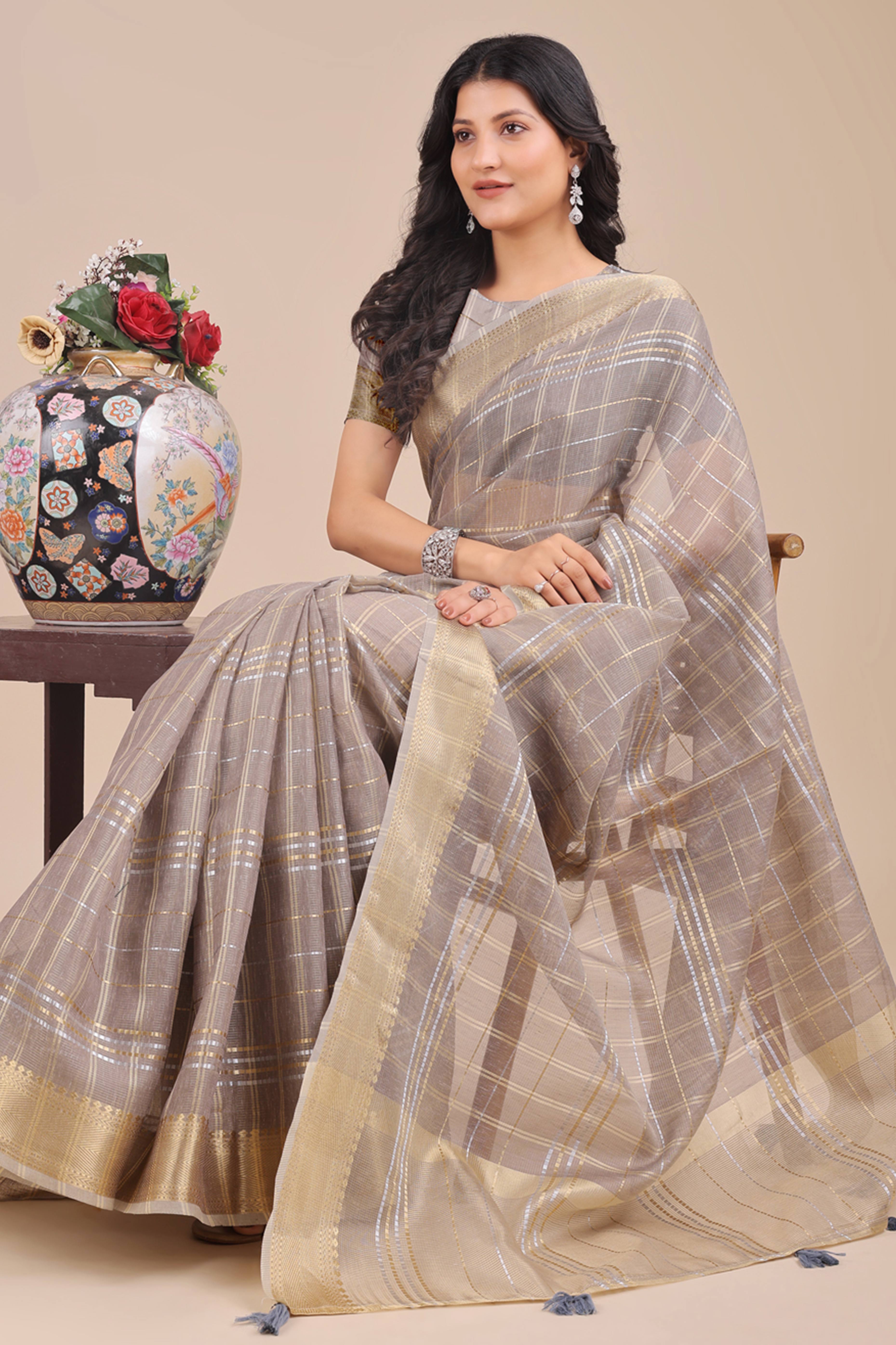 Taupe Grey Organza Saree with Checkered Zari Weaving and Tassel Finish