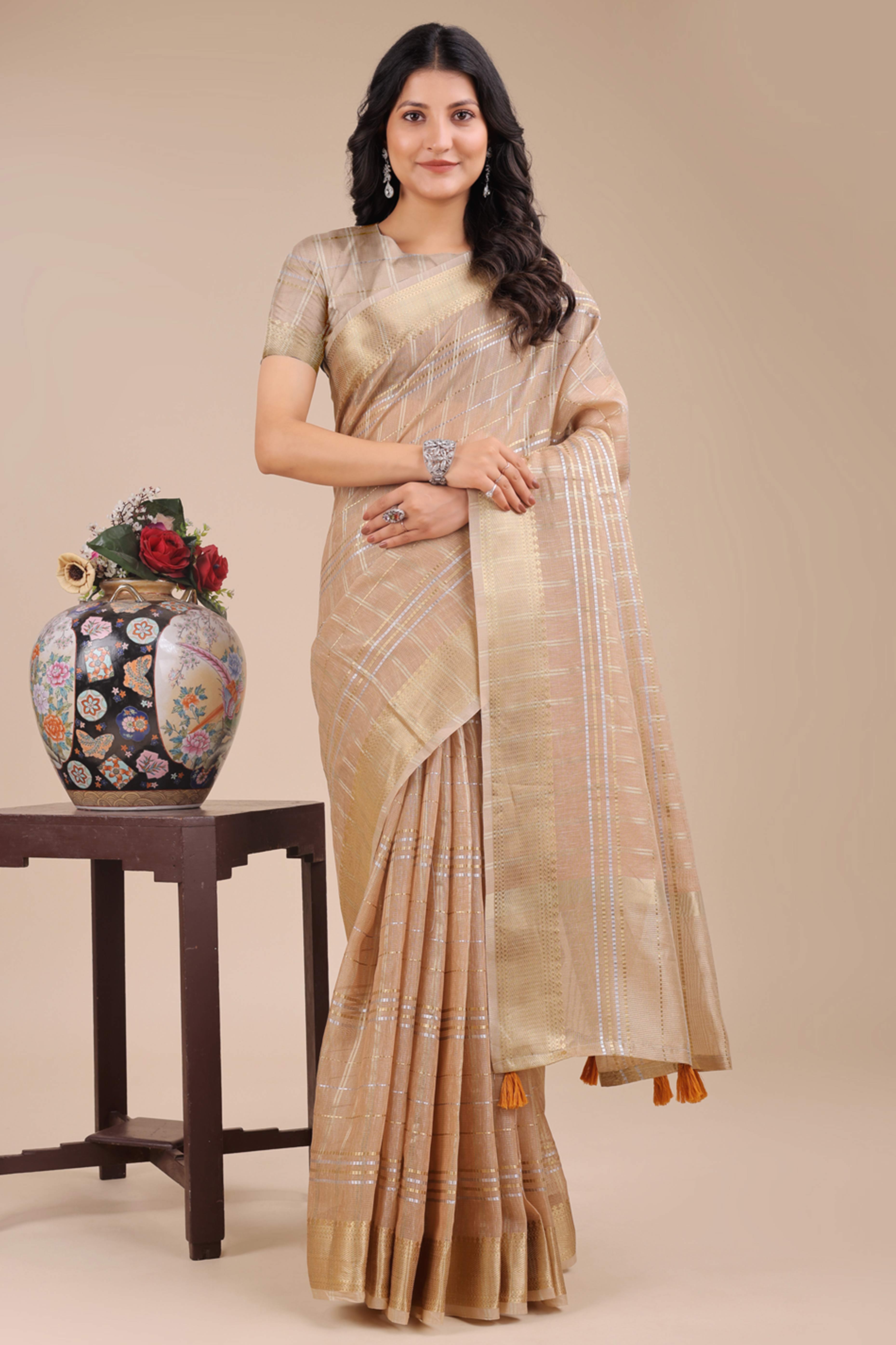 Beige Organza Saree with Checkered Zari Weaving and Tassel Elegance