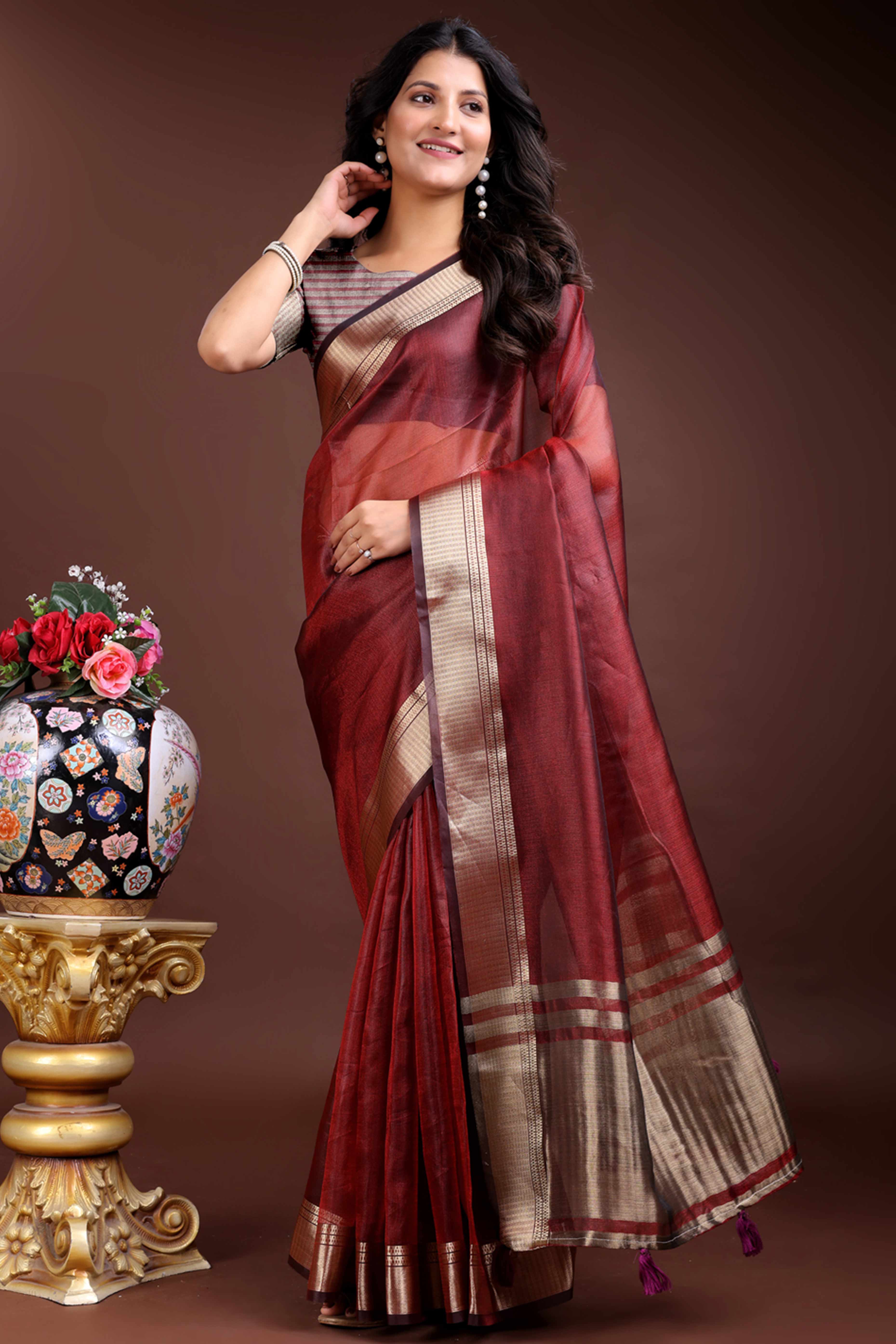 Red Organza Saree with Zari Border Weaving Elegance