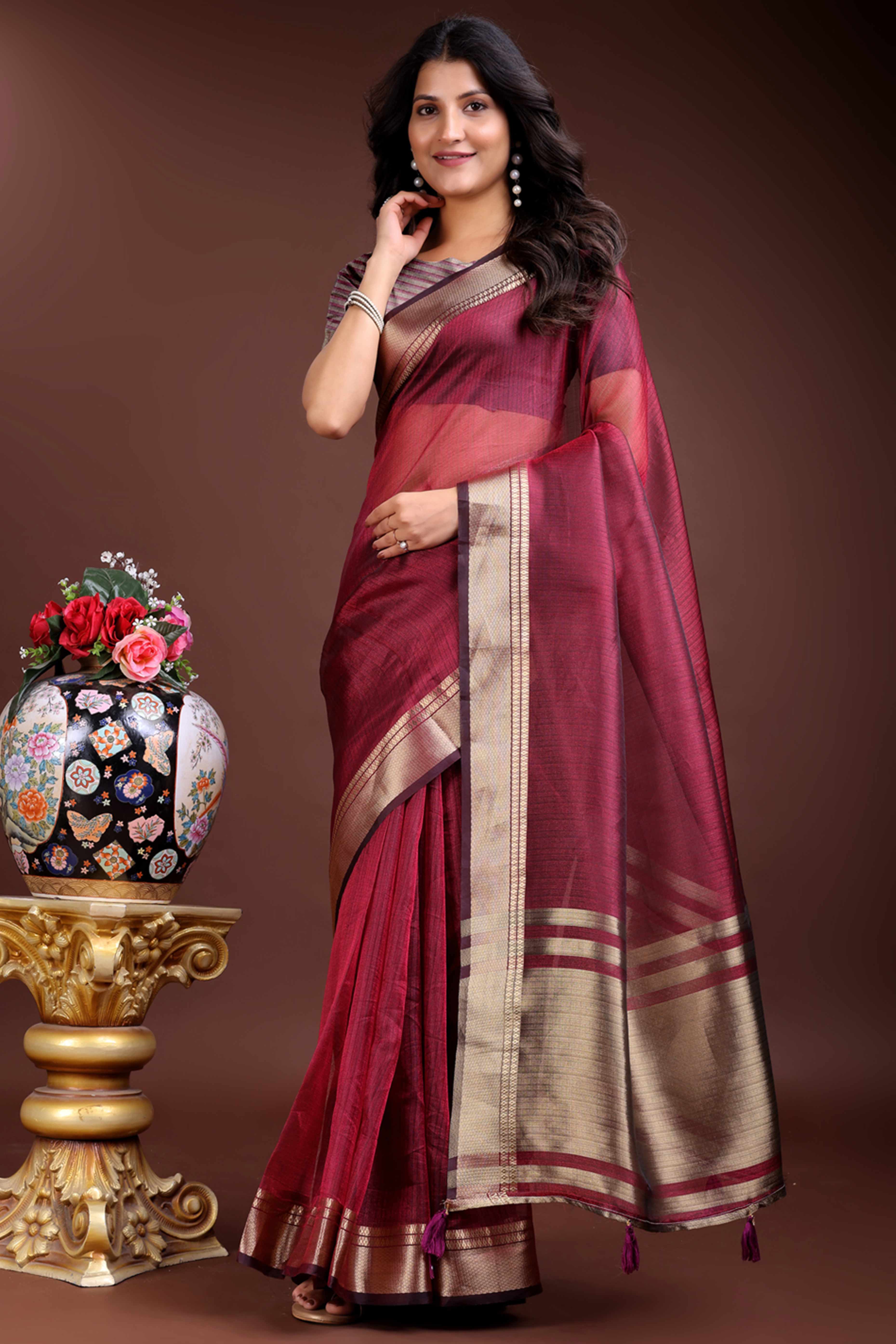 Magenta Organza Saree with Zari Border Weaving Sophistication