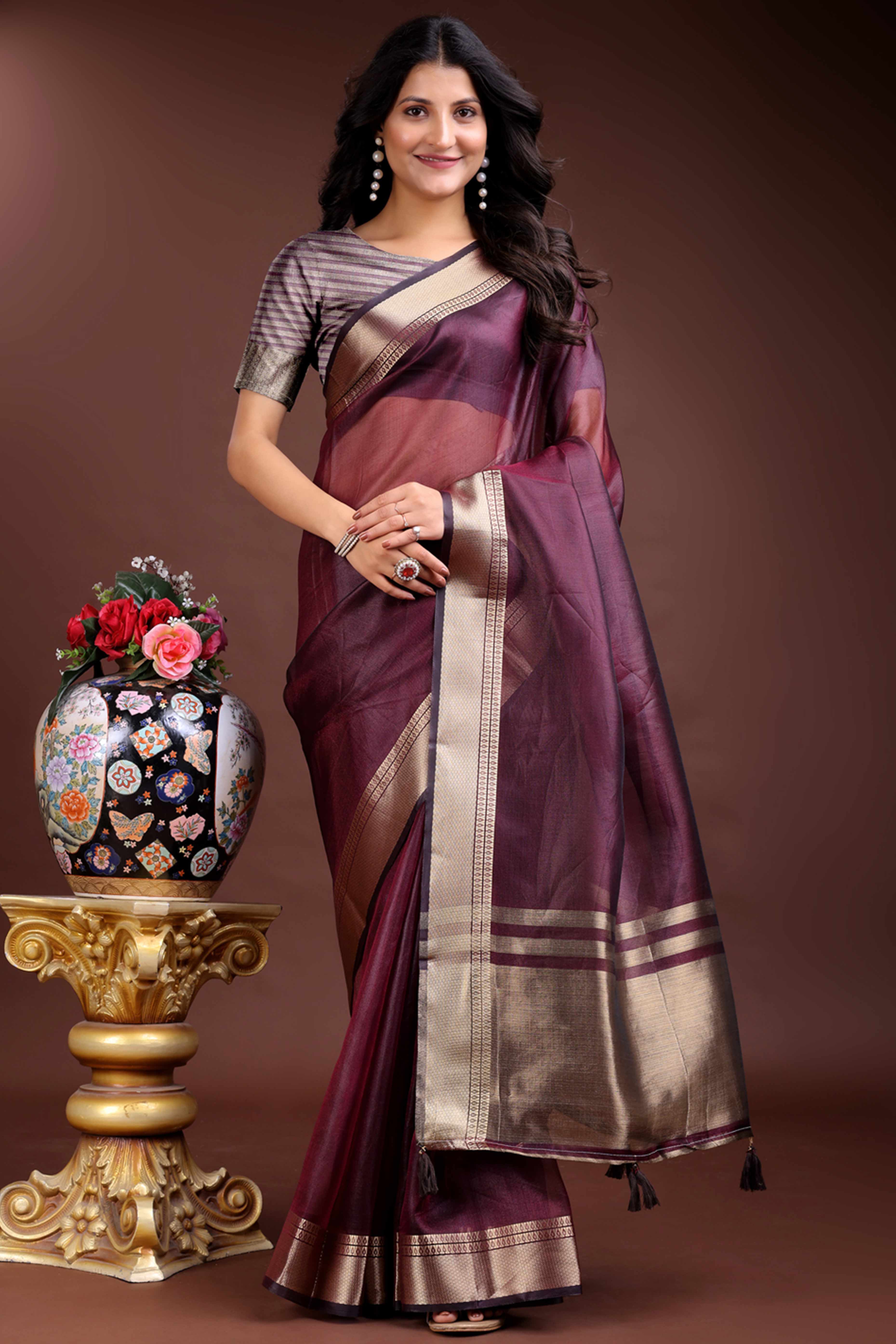 Purple Organza Saree with Zari Border Weaving Refinement