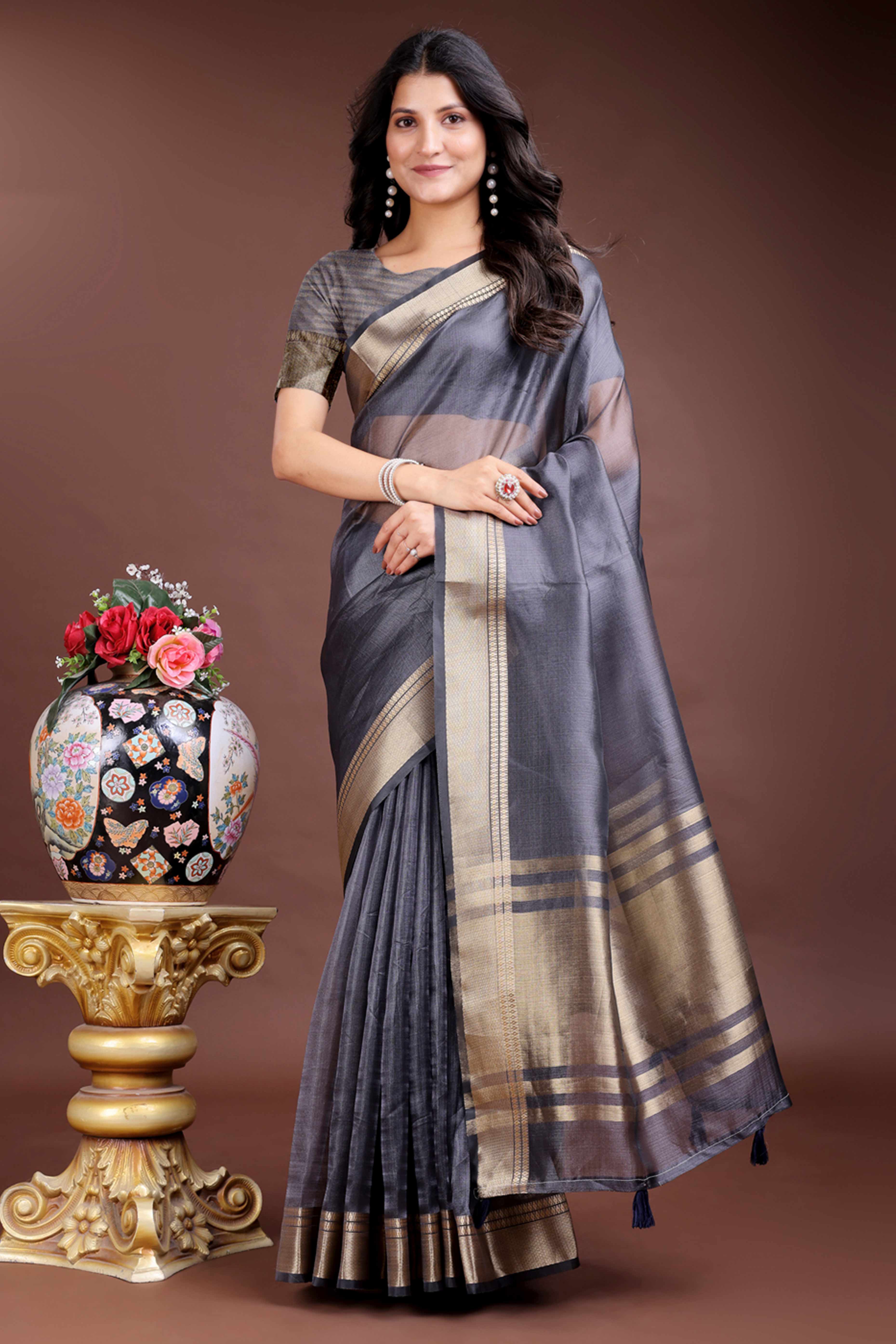 Grey Organza Saree with Zari Border Weaving Artistry