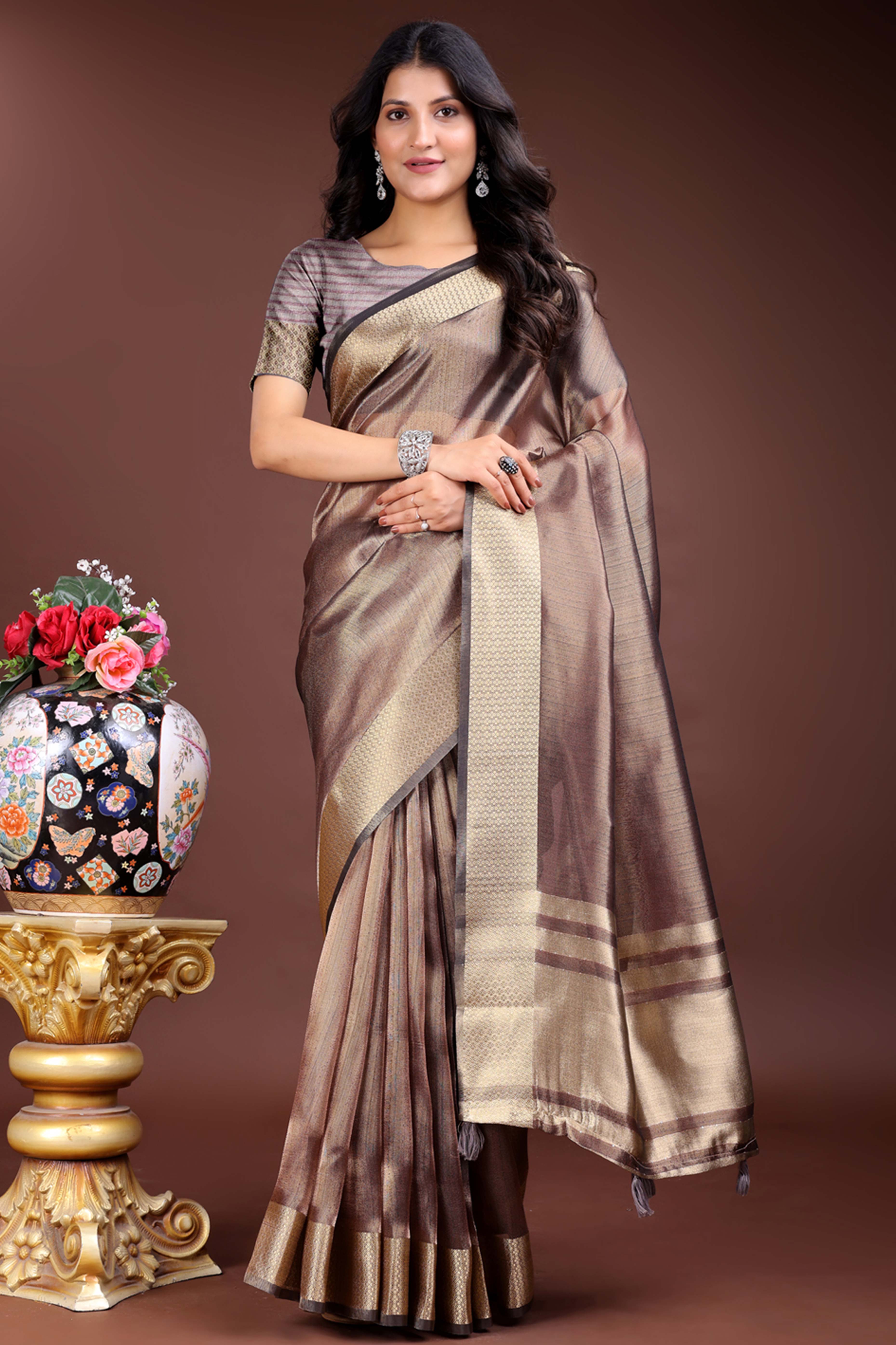 Brown Organza Saree with Zari Border Weaving Pattern