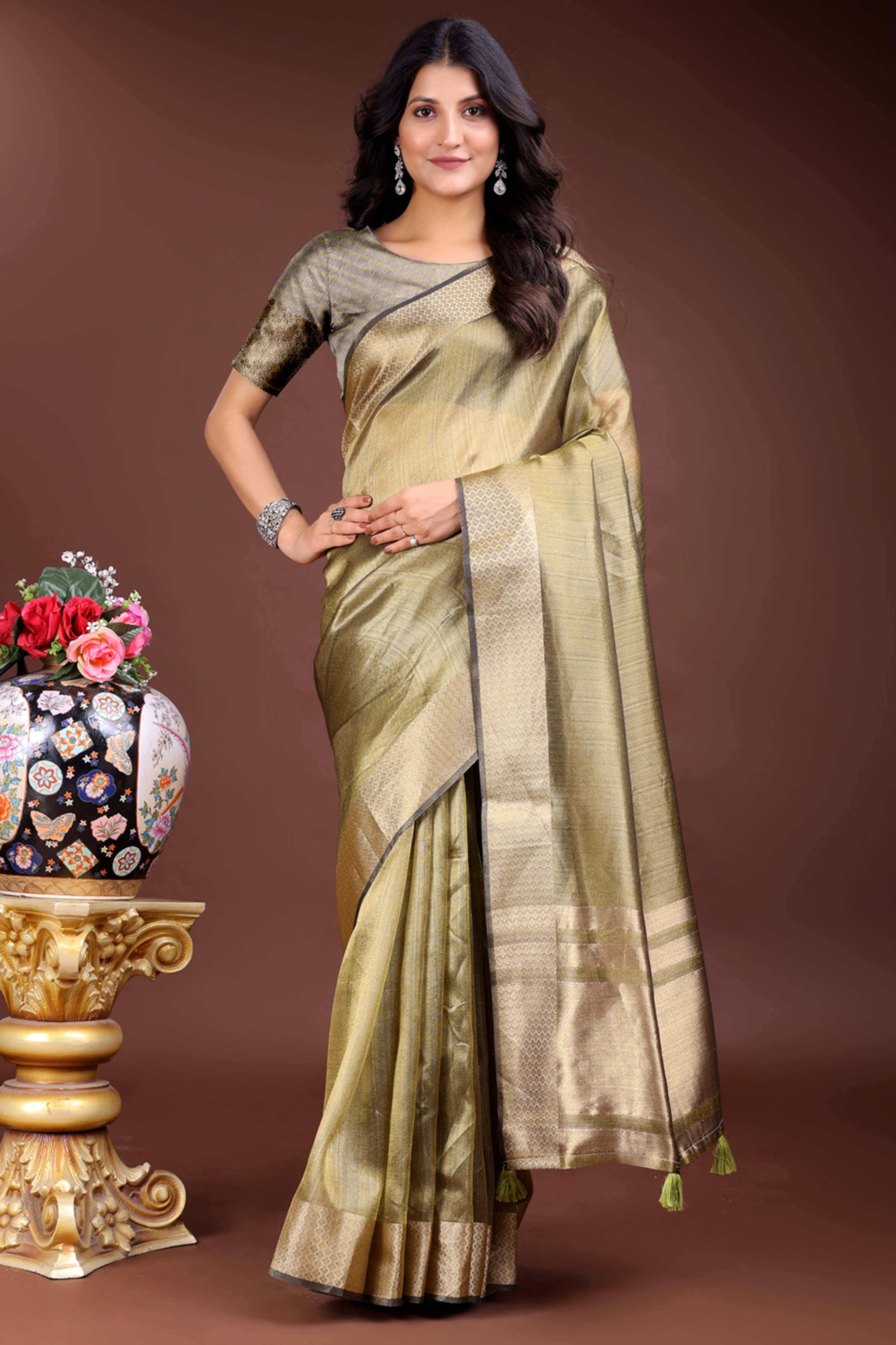 Mehendi Green Organza Saree with Zari Border Weaving Accent