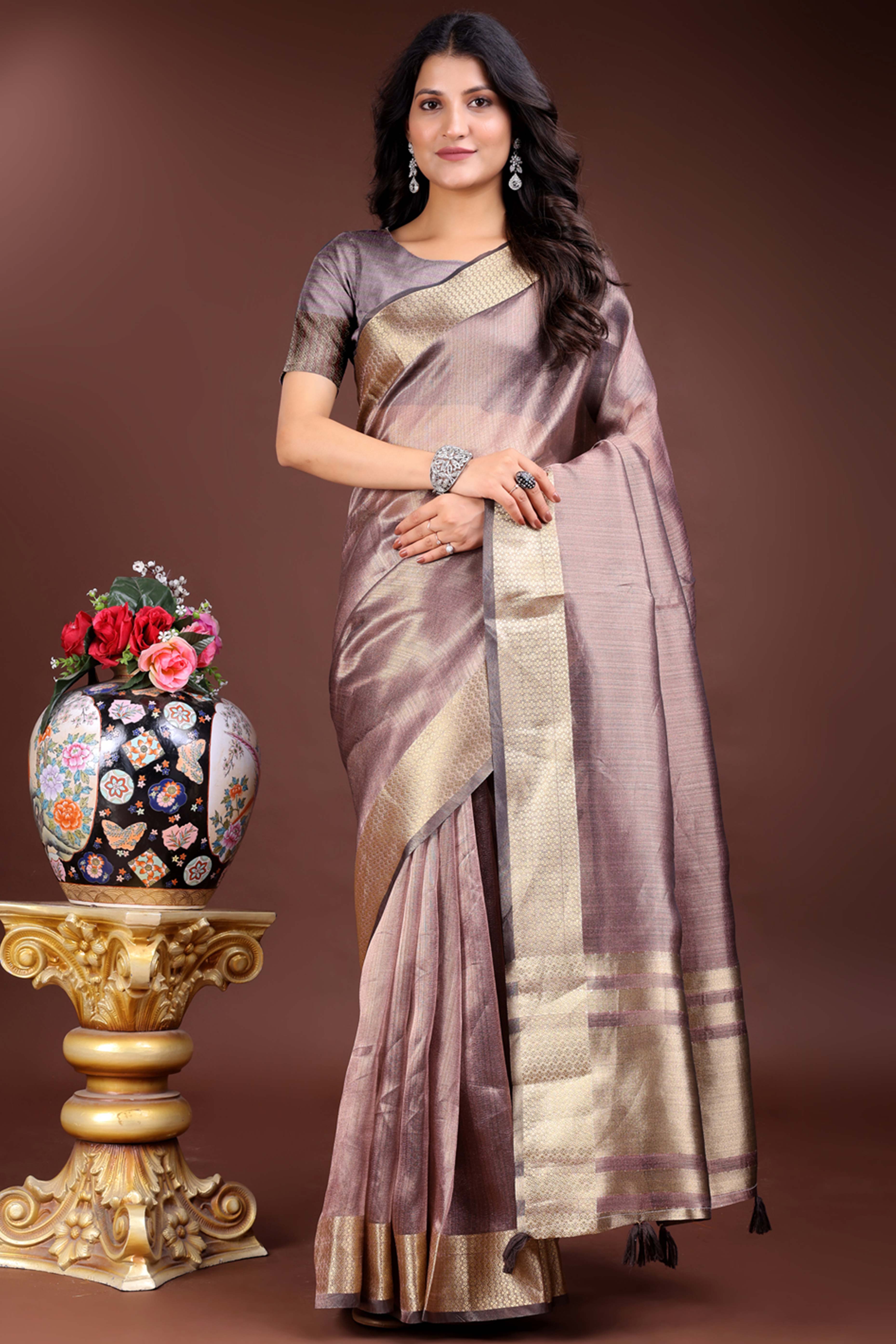 Purple Organza Saree with Zari Border Weaving Edge