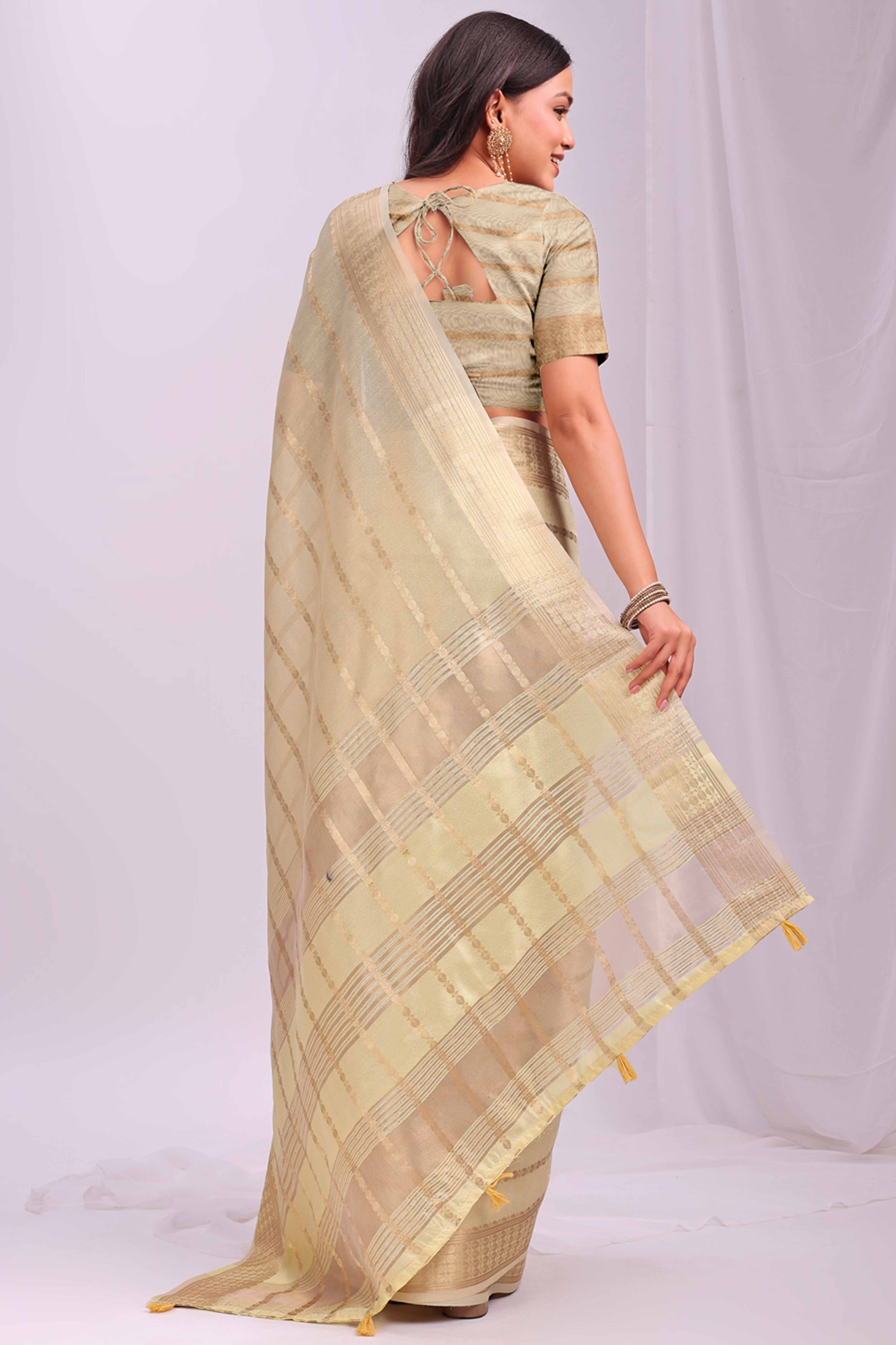 Gold Lightweight Organza Saree with Rich Zari Stripes Pattern