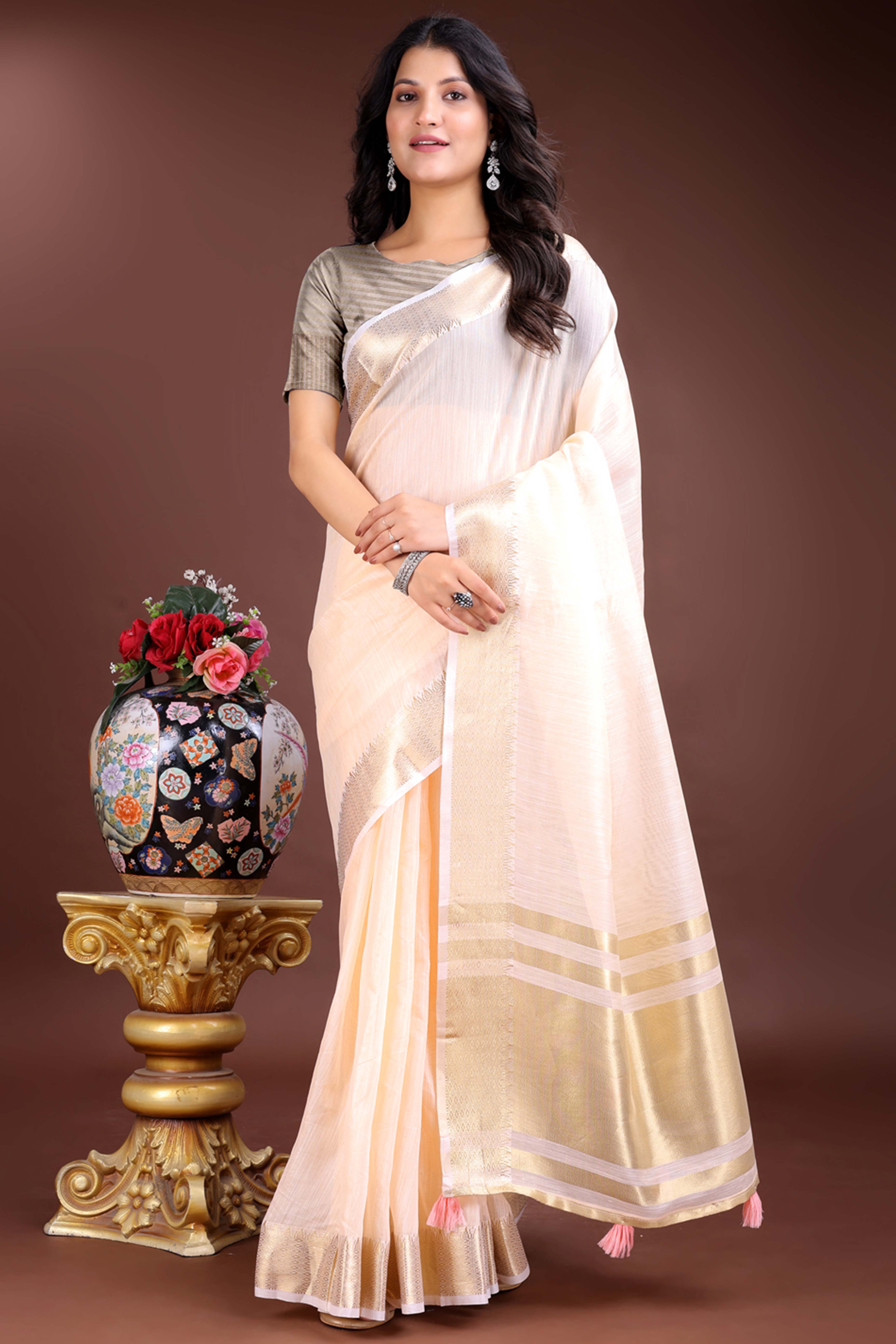Peach Cotton Silk Saree with Zari Border Weaving