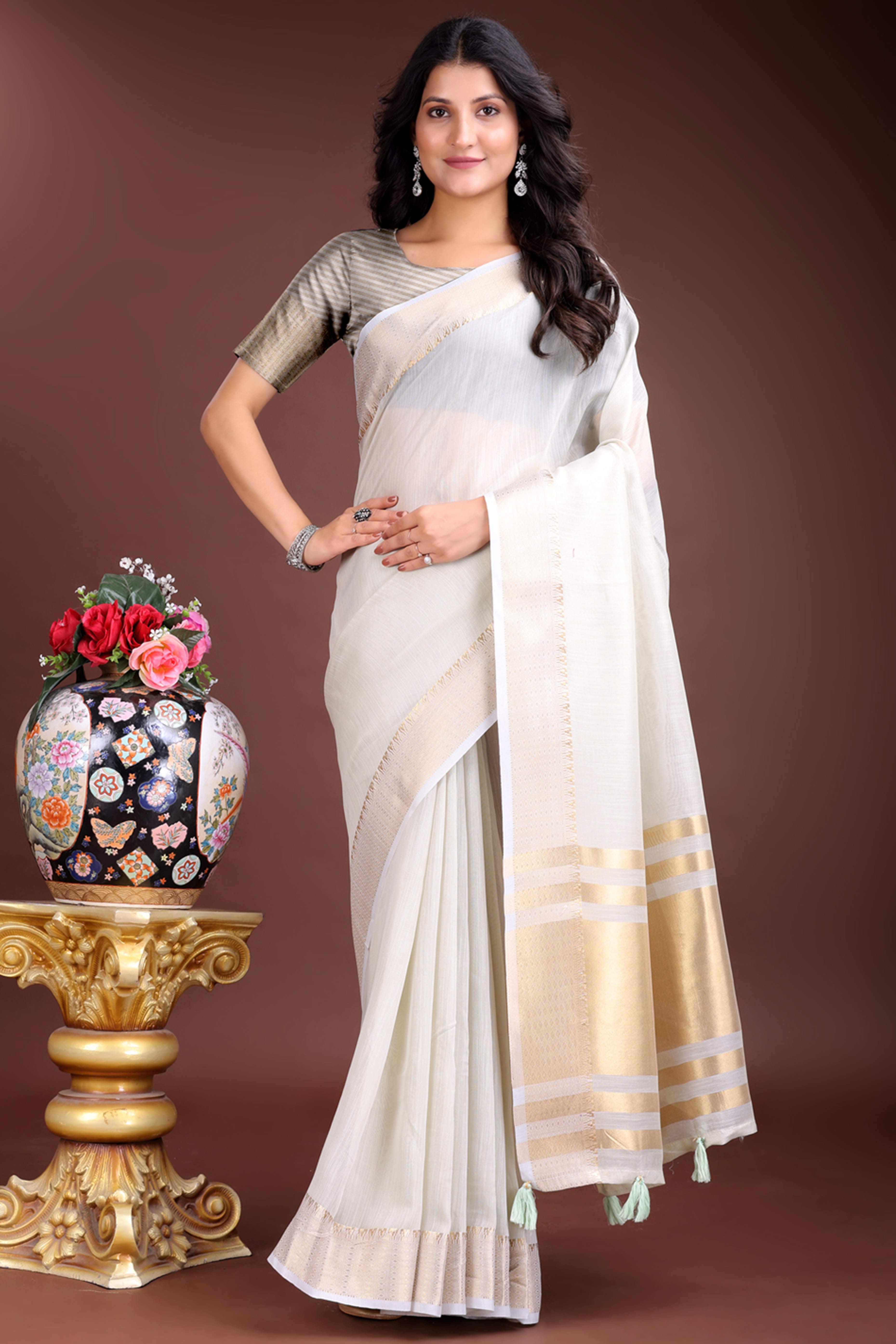 Grey Cotton Silk Saree with Zari Border Weaving