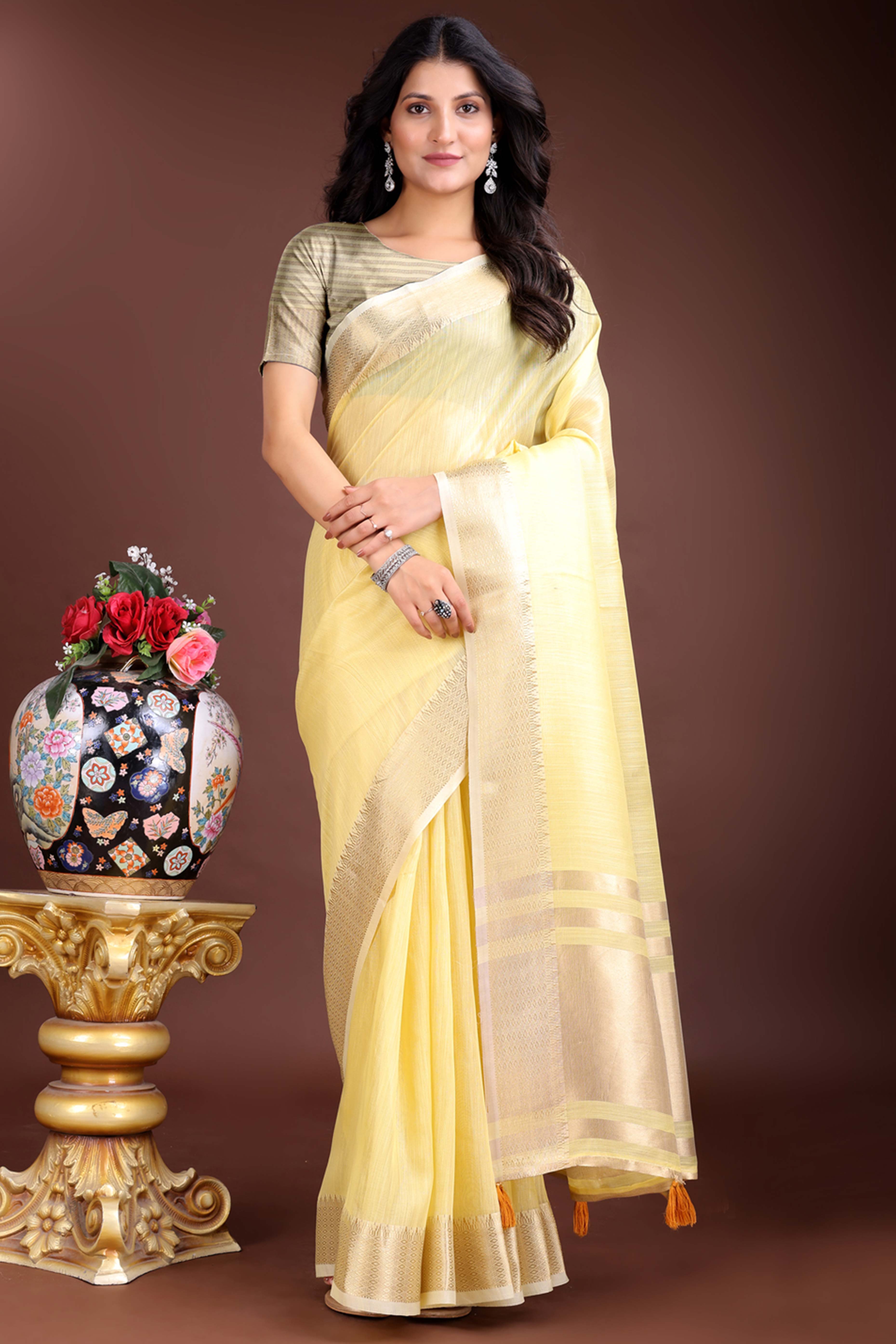 Yellow Cotton Silk Saree with Zari Border Weaving
