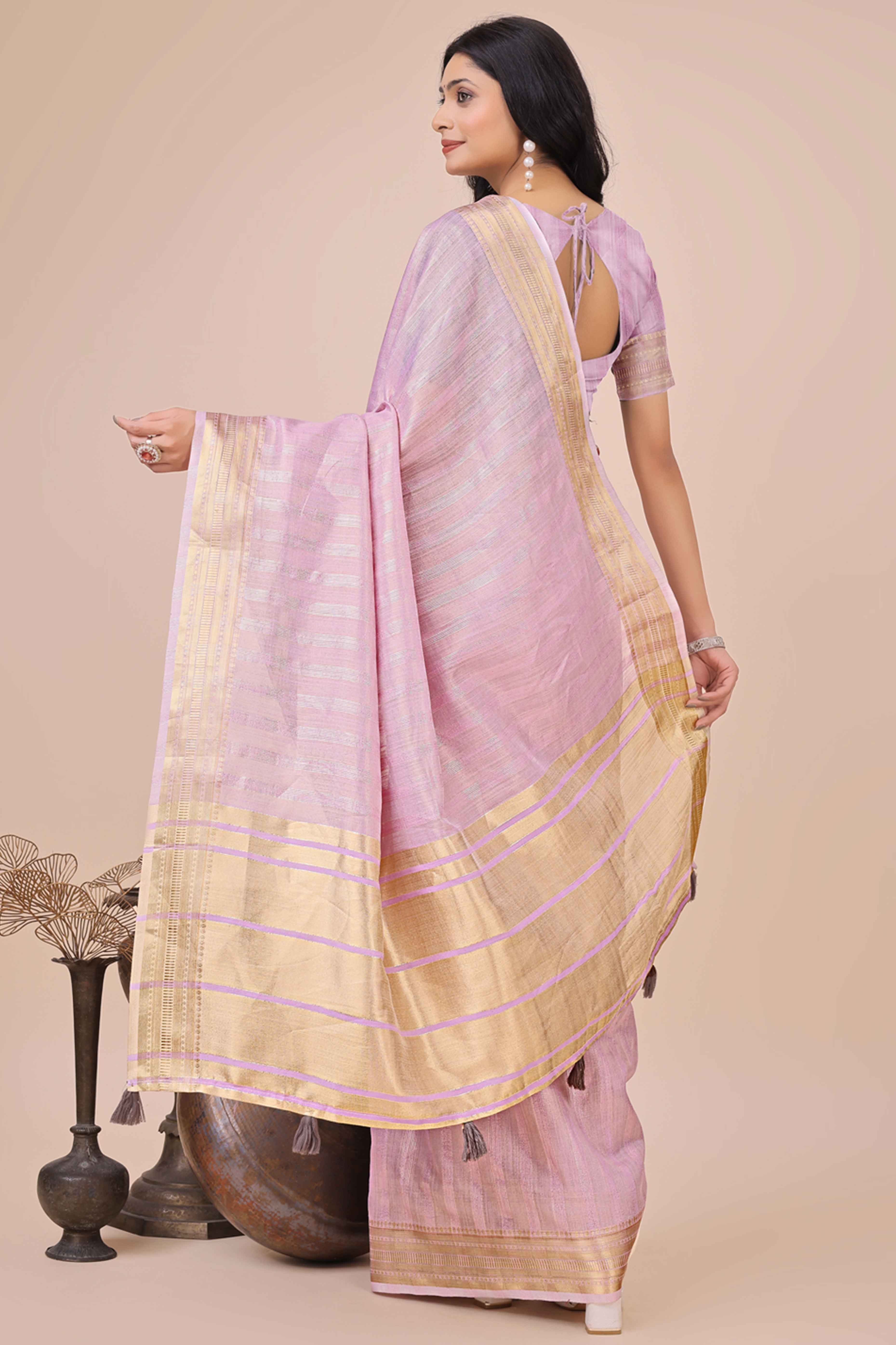 Onion Pink Organza Saree With Intricate Weave & Elegant Tassel Accents