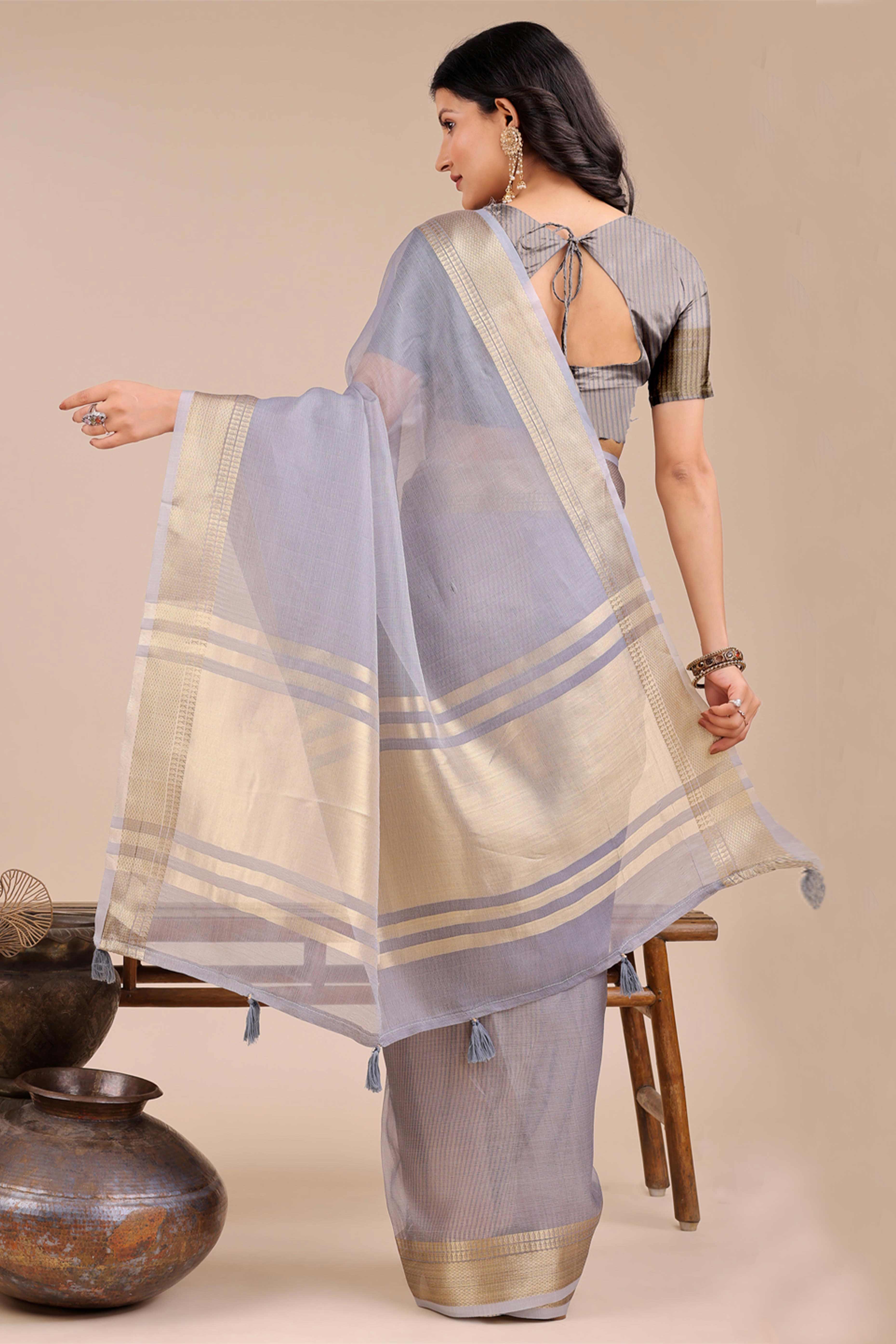 Soft Grey Organza Saree with Detailed Zari Woven Edging