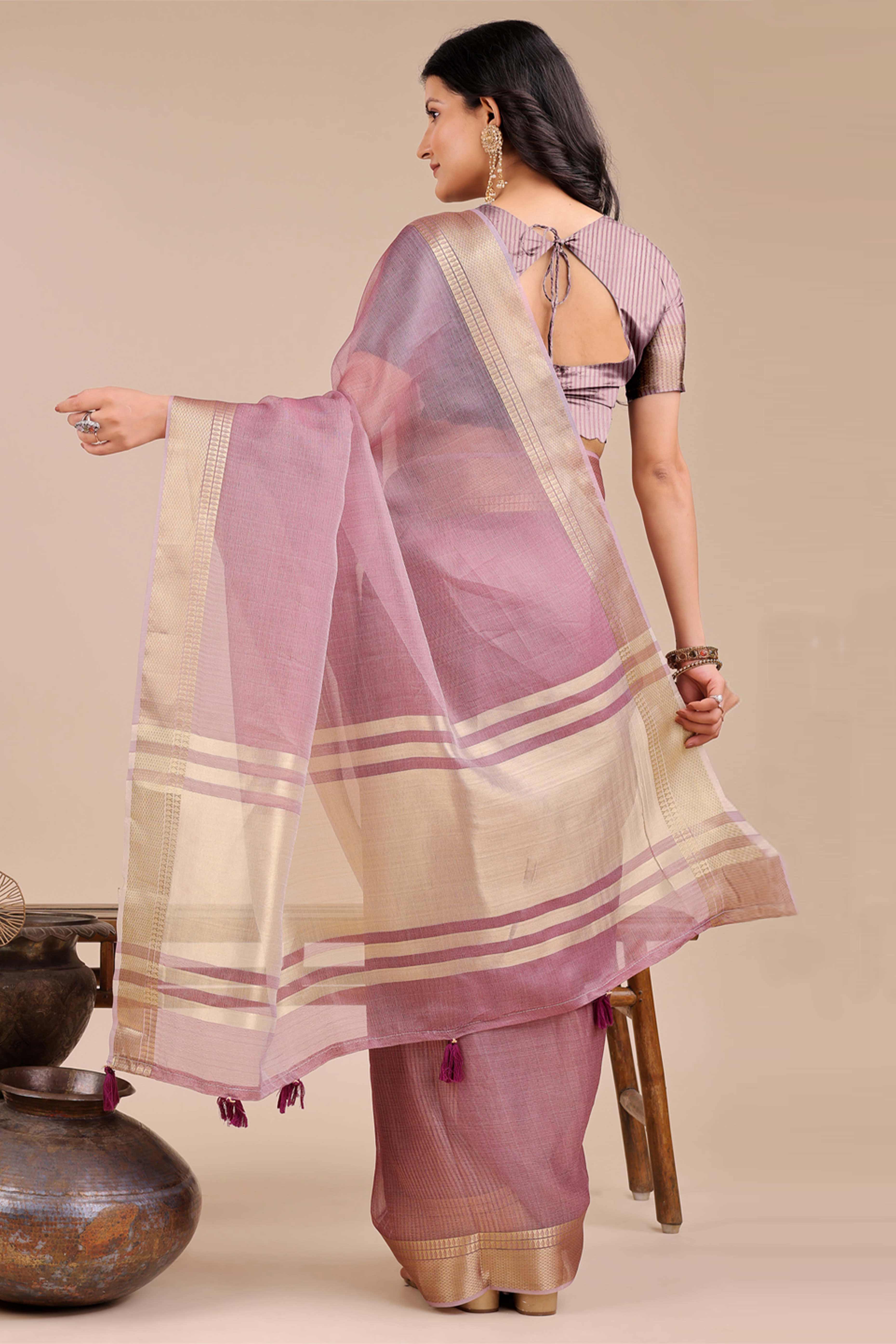 Soft Purple Organza Saree with Detailed Zari Woven Edging