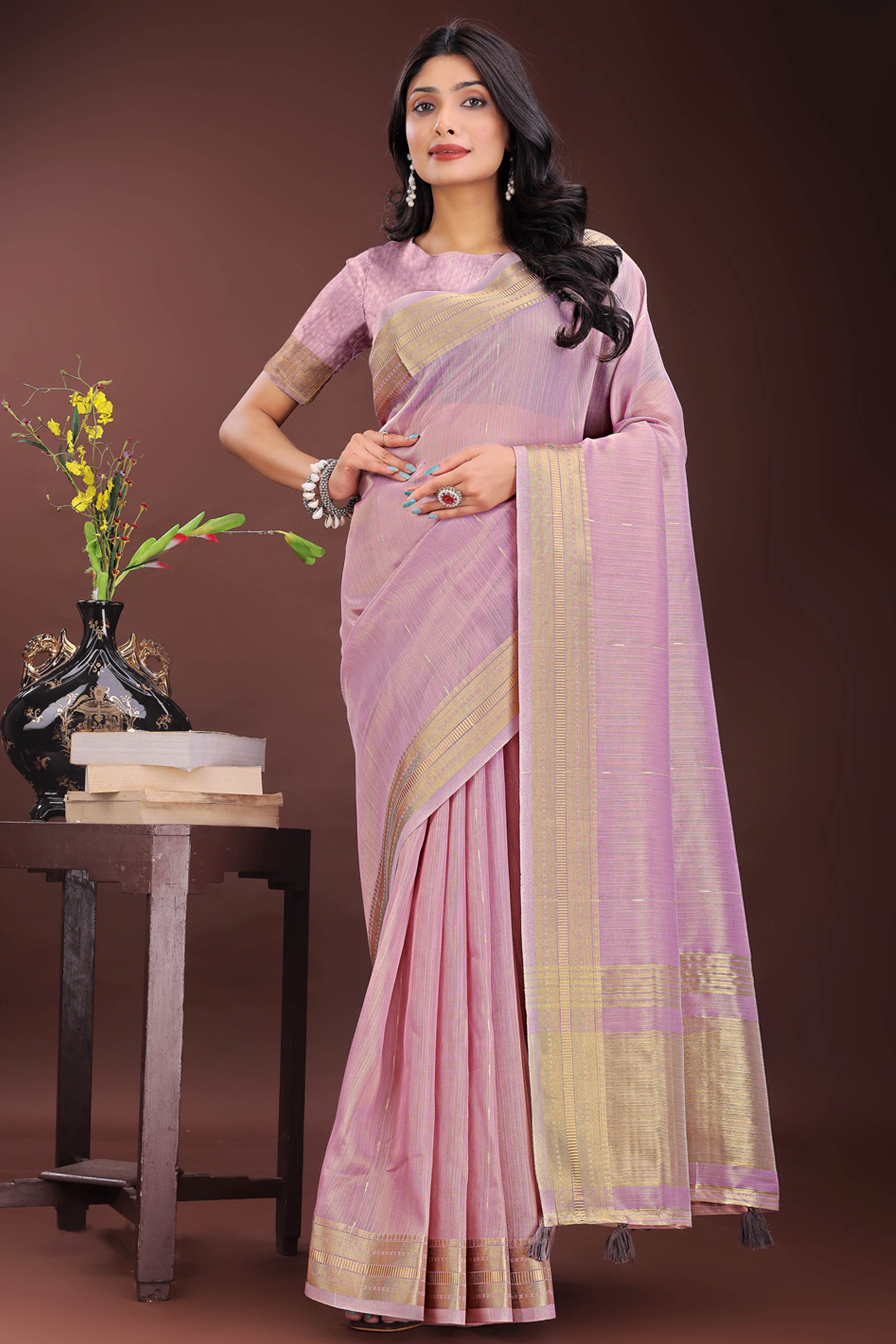 Onion Pink Organza Saree Adorned With Zari Weave & Tassel Edges