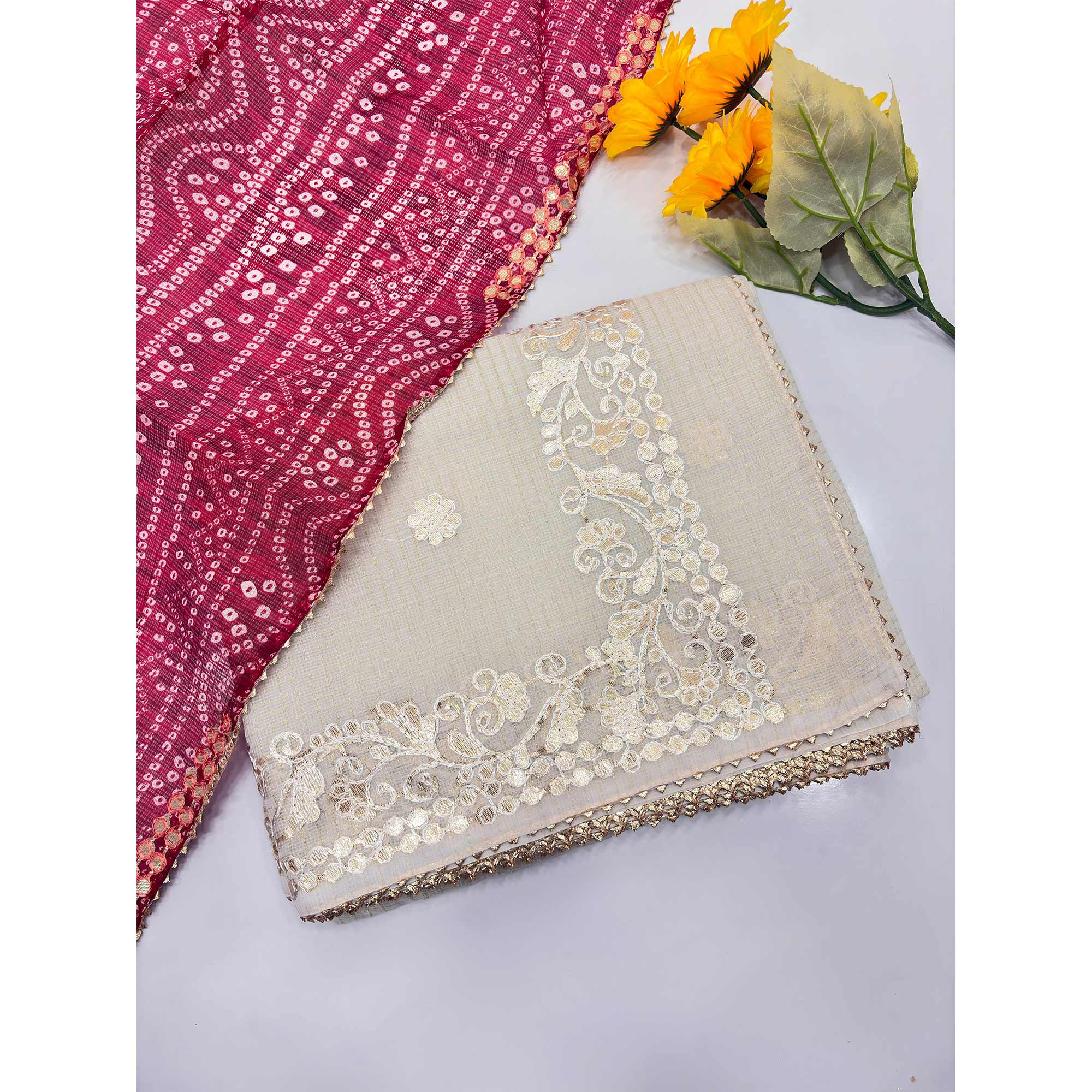 Cream Pure Kota Doria Saree Adorned with Exquisite Gota Work Embroidery