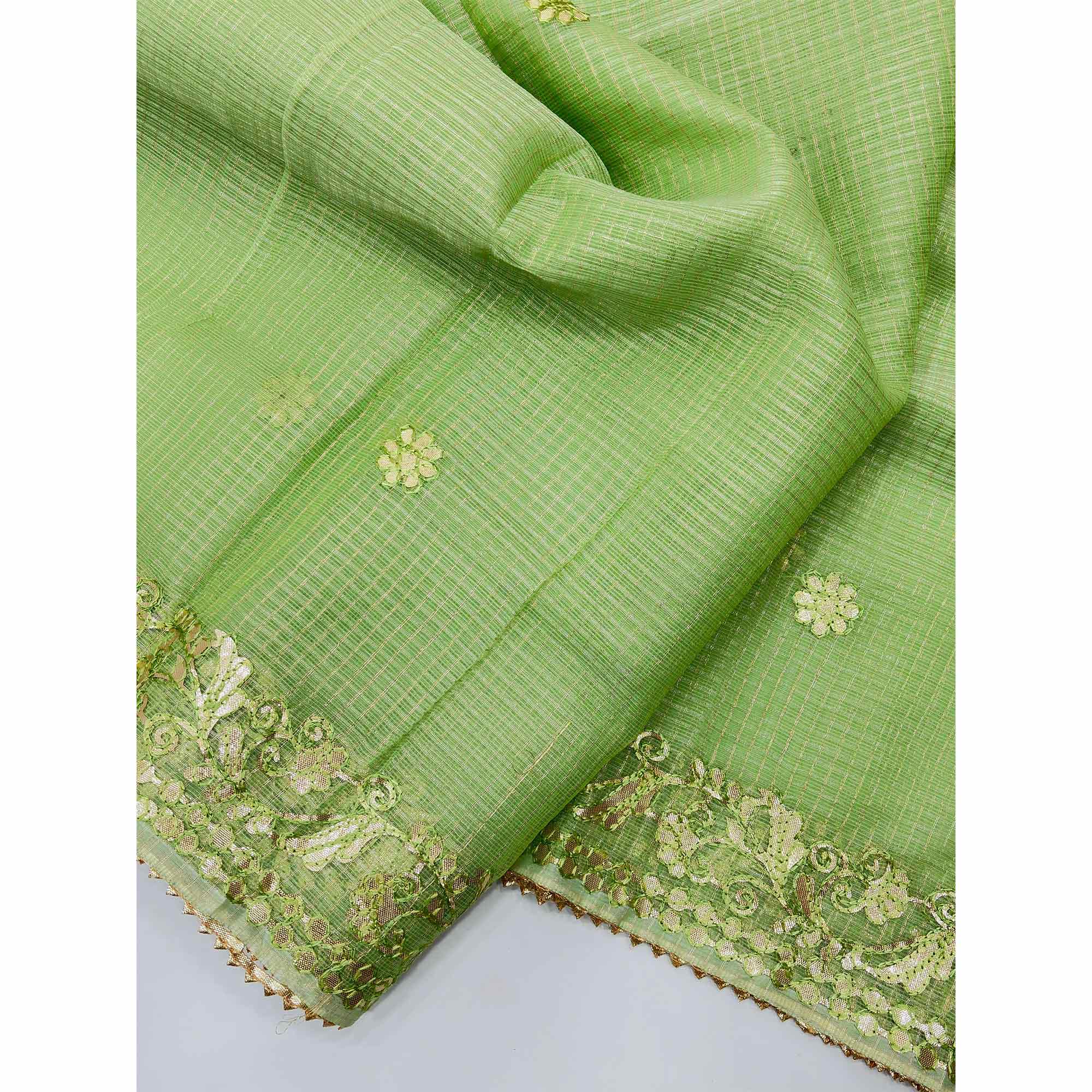 Green Pure Kota Doria Saree Adorned with Exquisite Gota Work Embroidery
