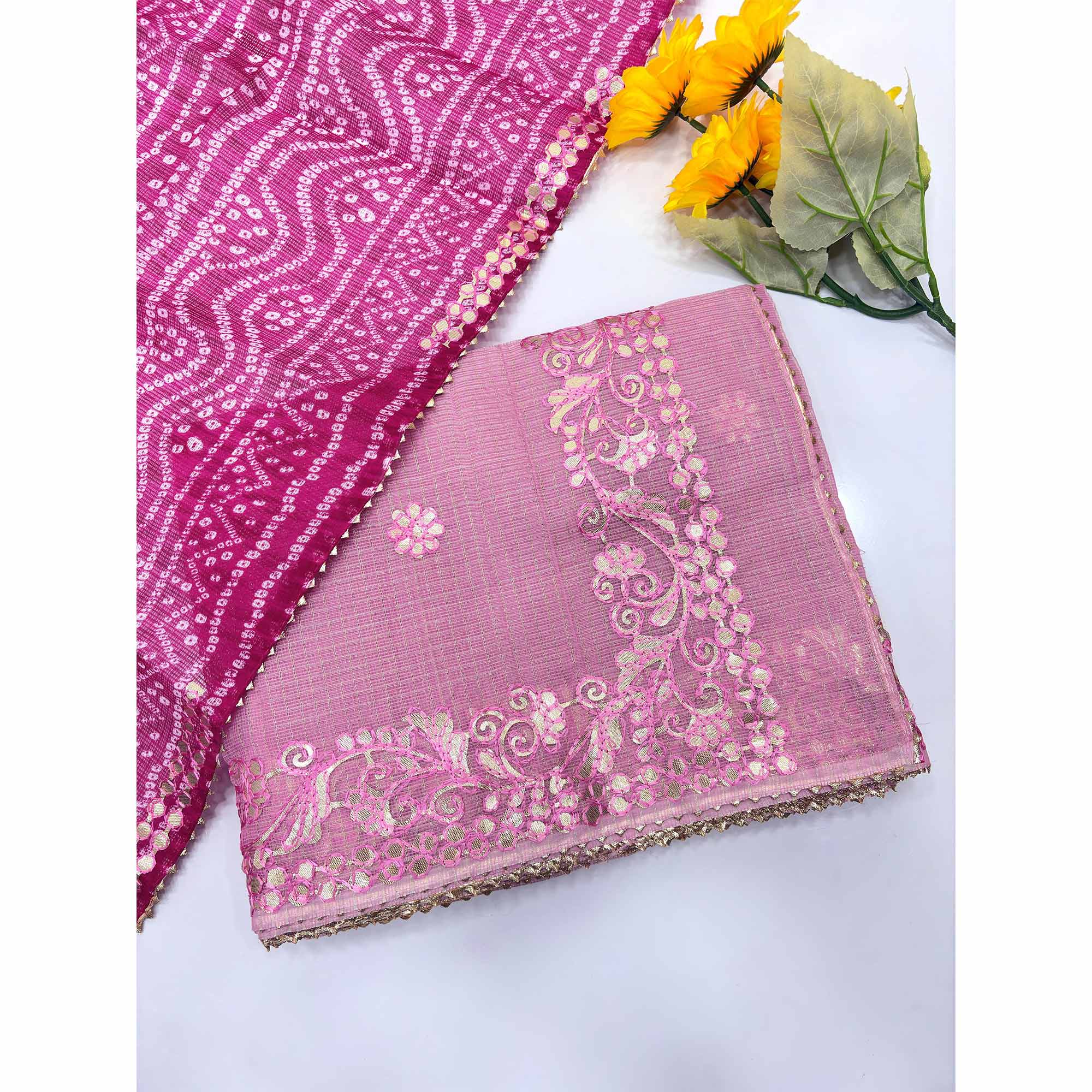 Pink Pure Kota Doria Saree Adorned with Exquisite Gota Work Embroidery