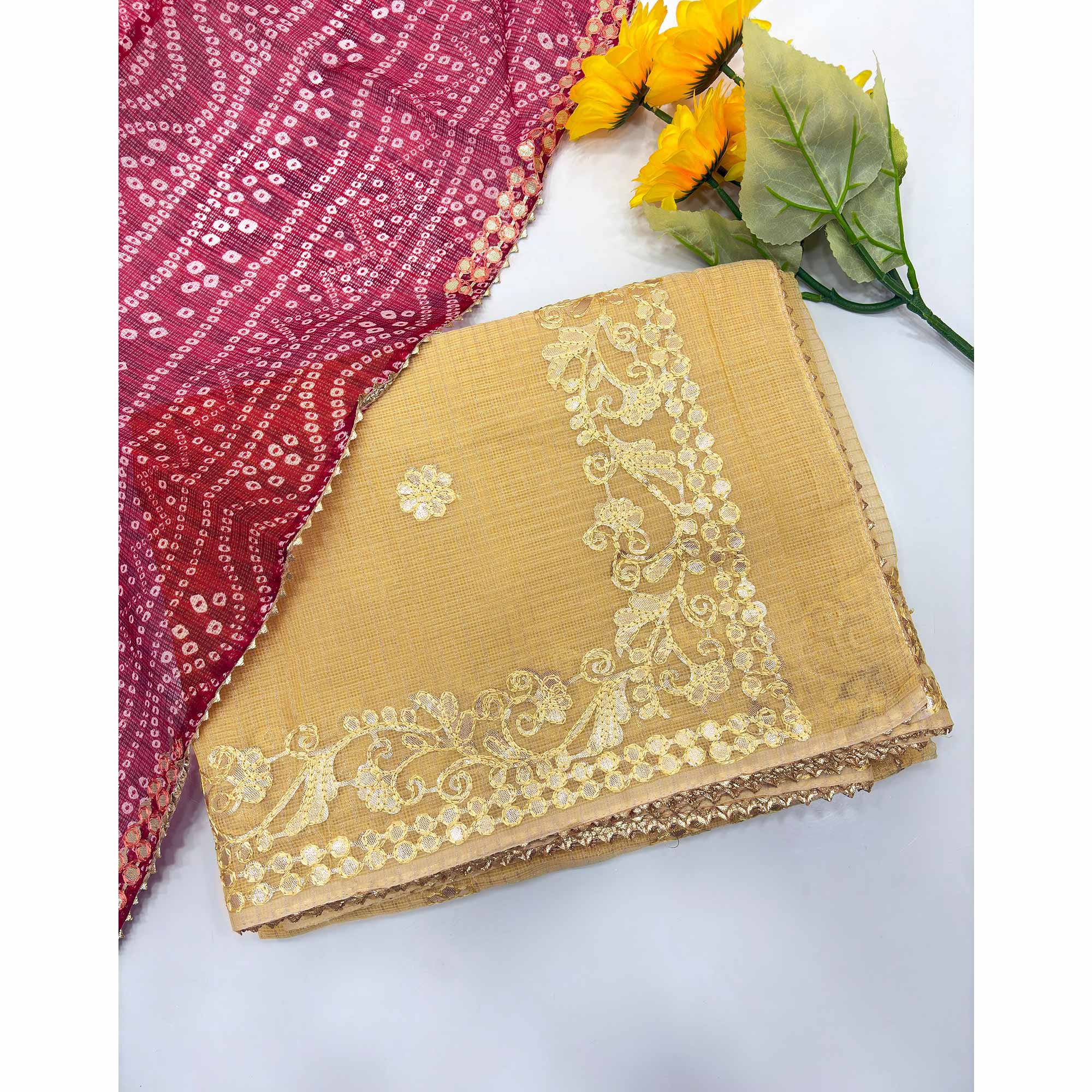 Yellow Pure Kota Doria Saree Adorned with Exquisite Gota Work Embroidery