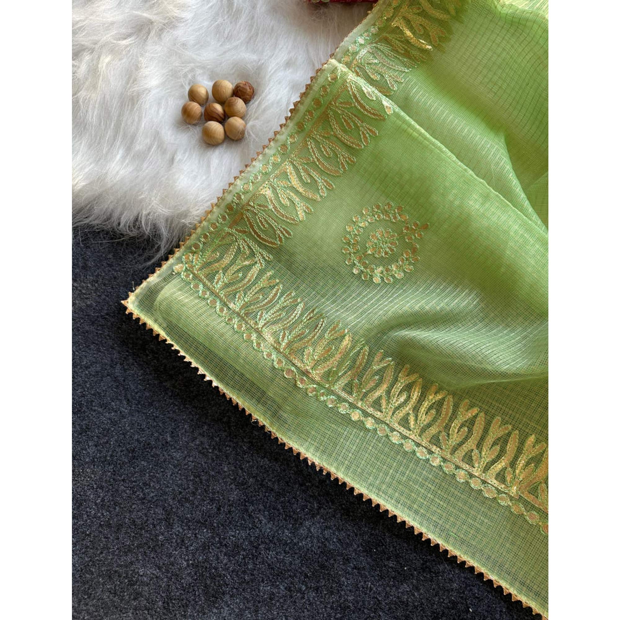 Green Festive Kota Doria Saree Decorated with Classic Gota Work Embroidery