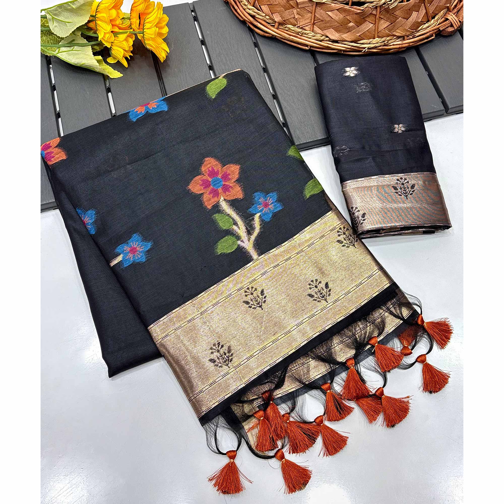 Black Floral Handloom Muga Cotton Silk Saree with Traditional Charm