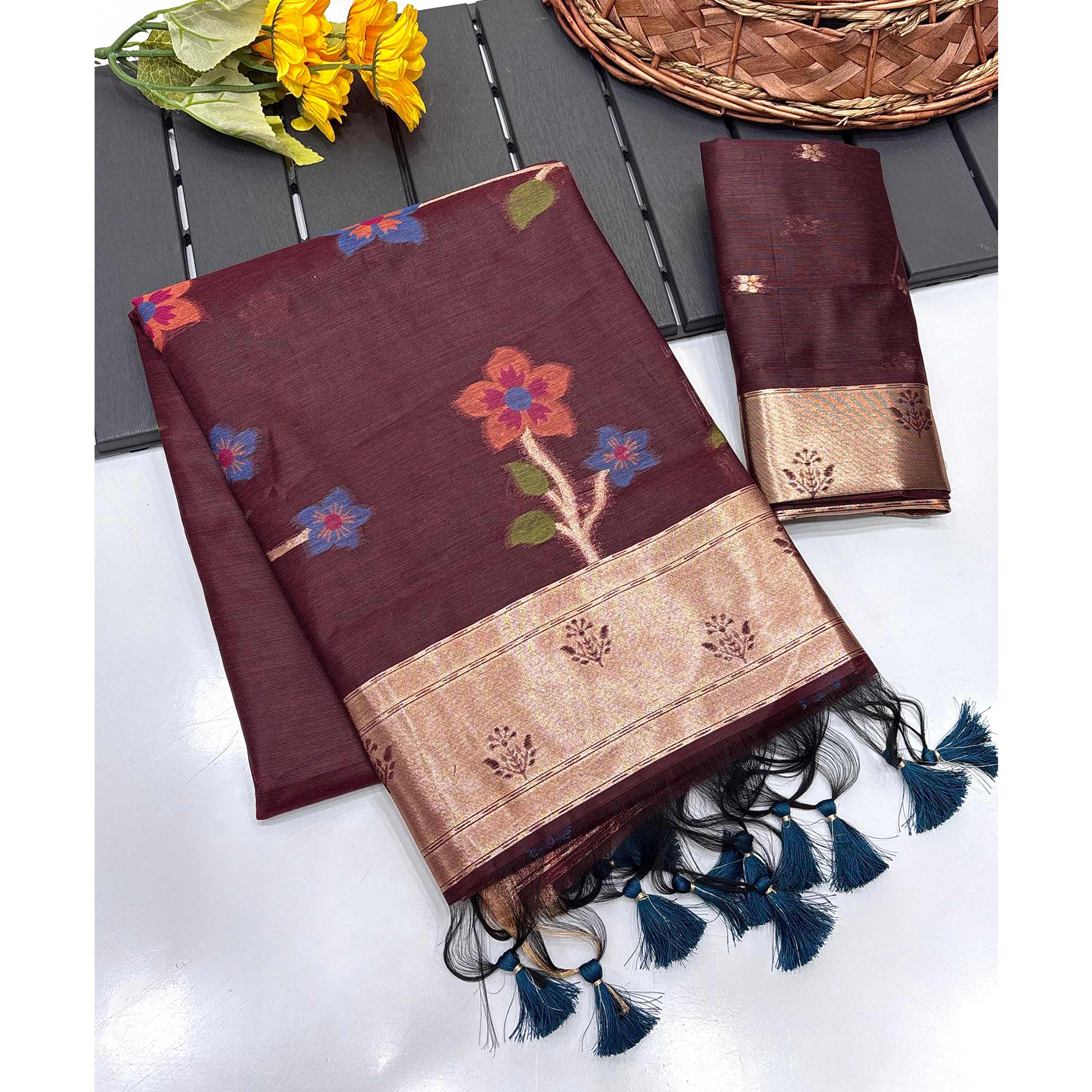 Burgundy Floral Handloom Muga Cotton Silk Saree with Traditional Charm