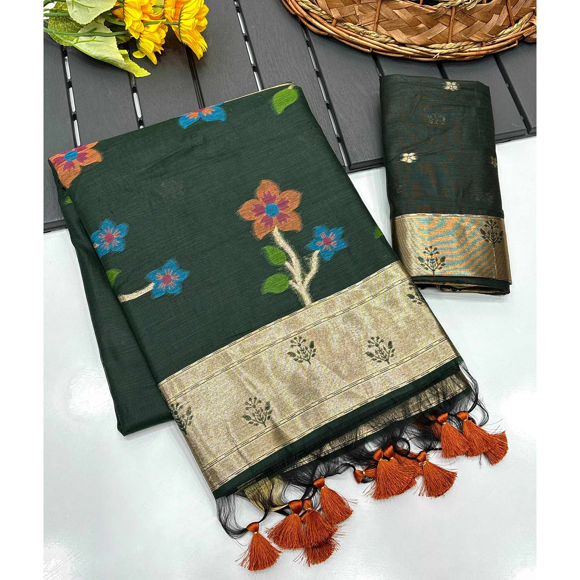 Green Floral Handloom Muga Cotton Silk Saree with Traditional Charm