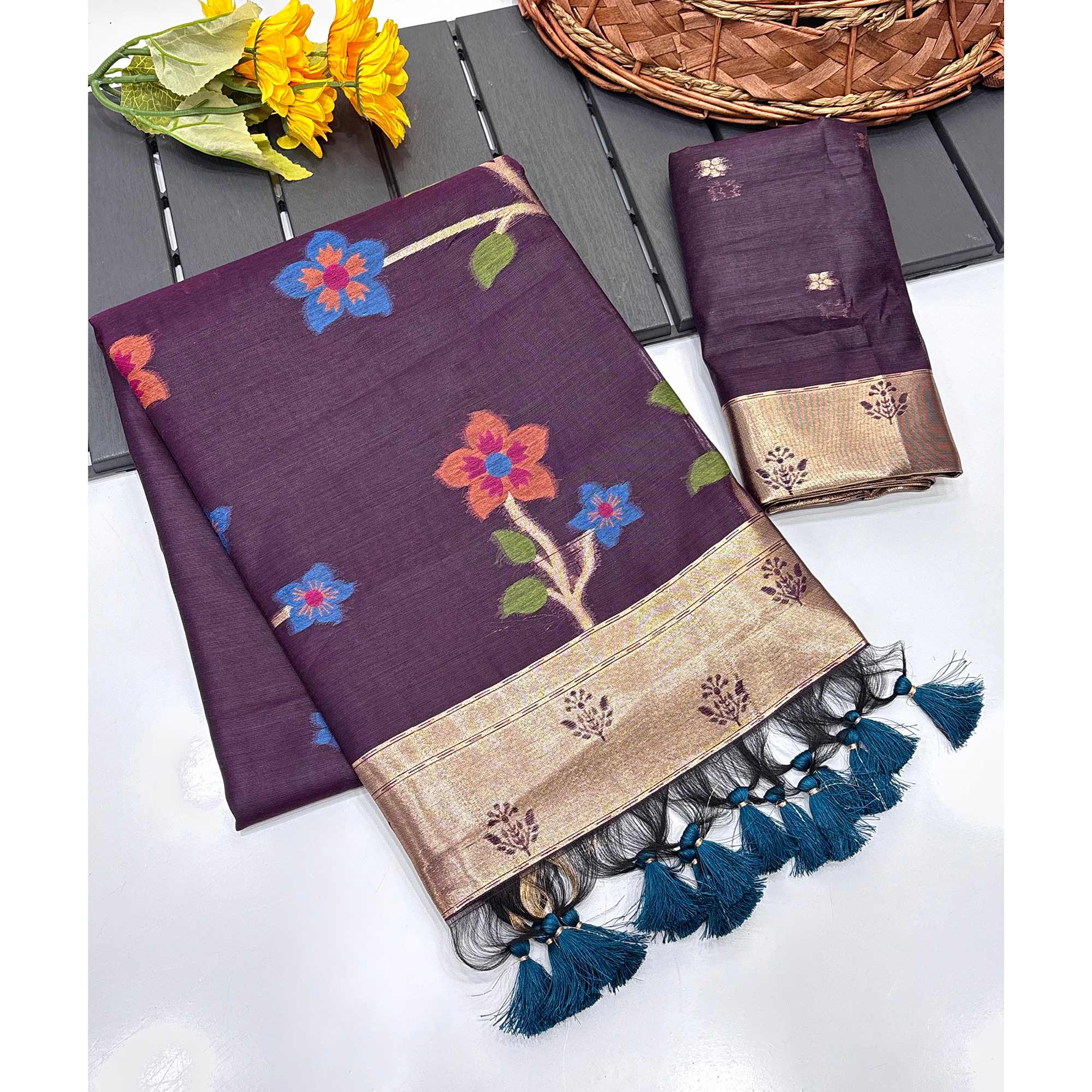 Wine Floral Handloom Muga Cotton Silk Saree with Traditional Charm