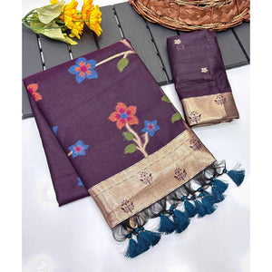 Wine Floral Handloom Muga Cotton Silk Saree with Traditional Charm