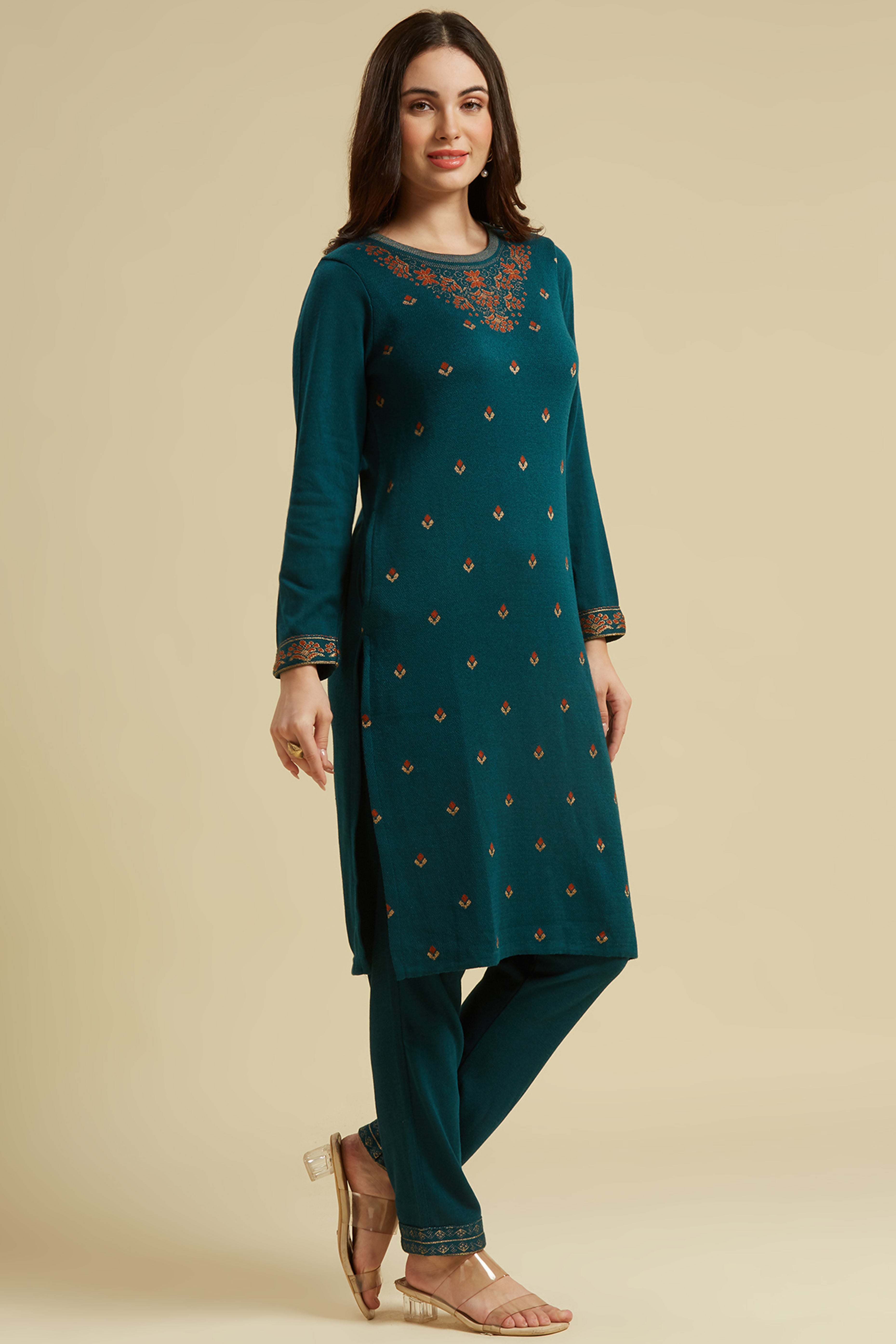 Dark Teal Woolen Straight Kurti