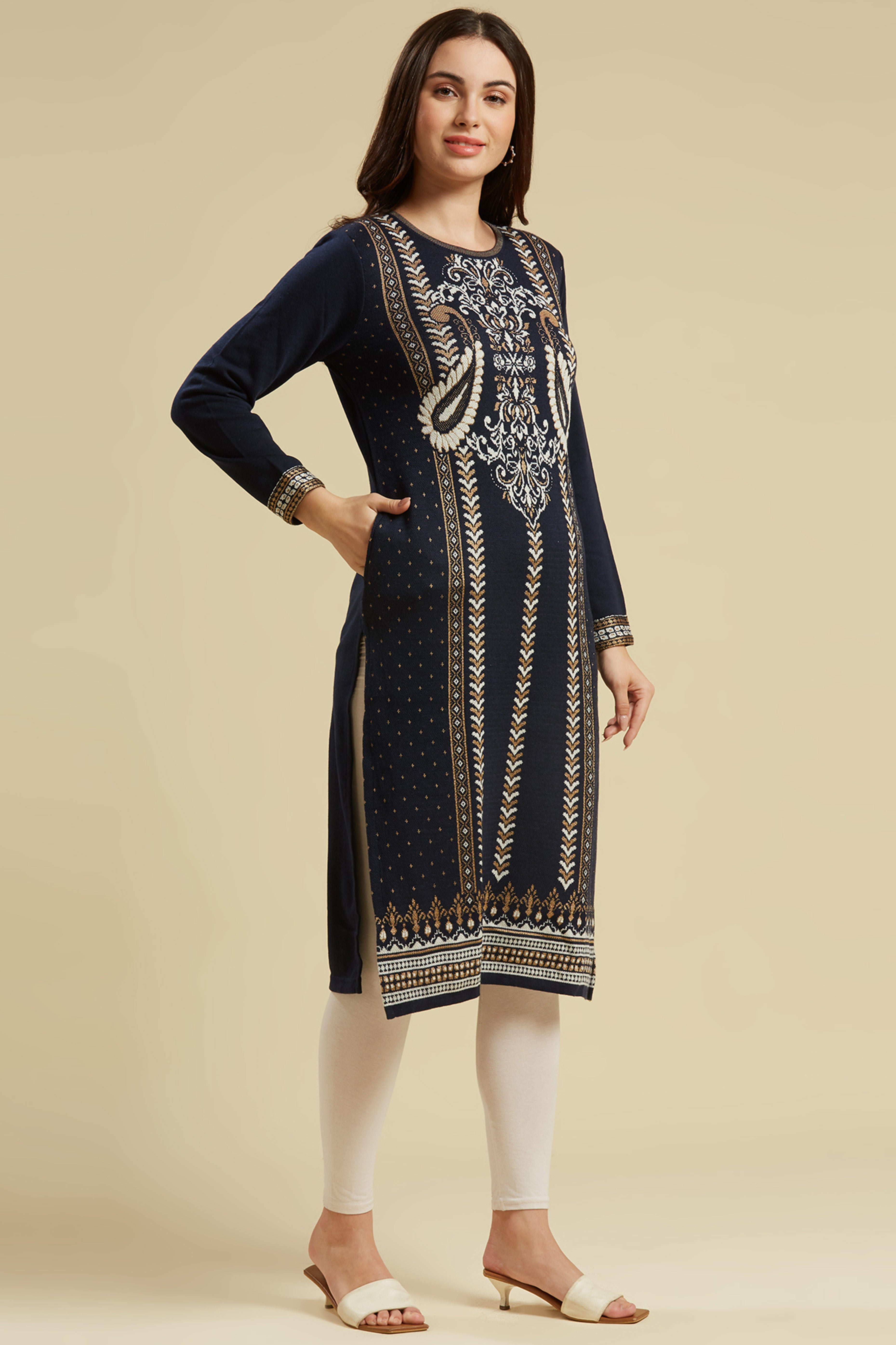 Navy Blue Woolen Straight Kurti