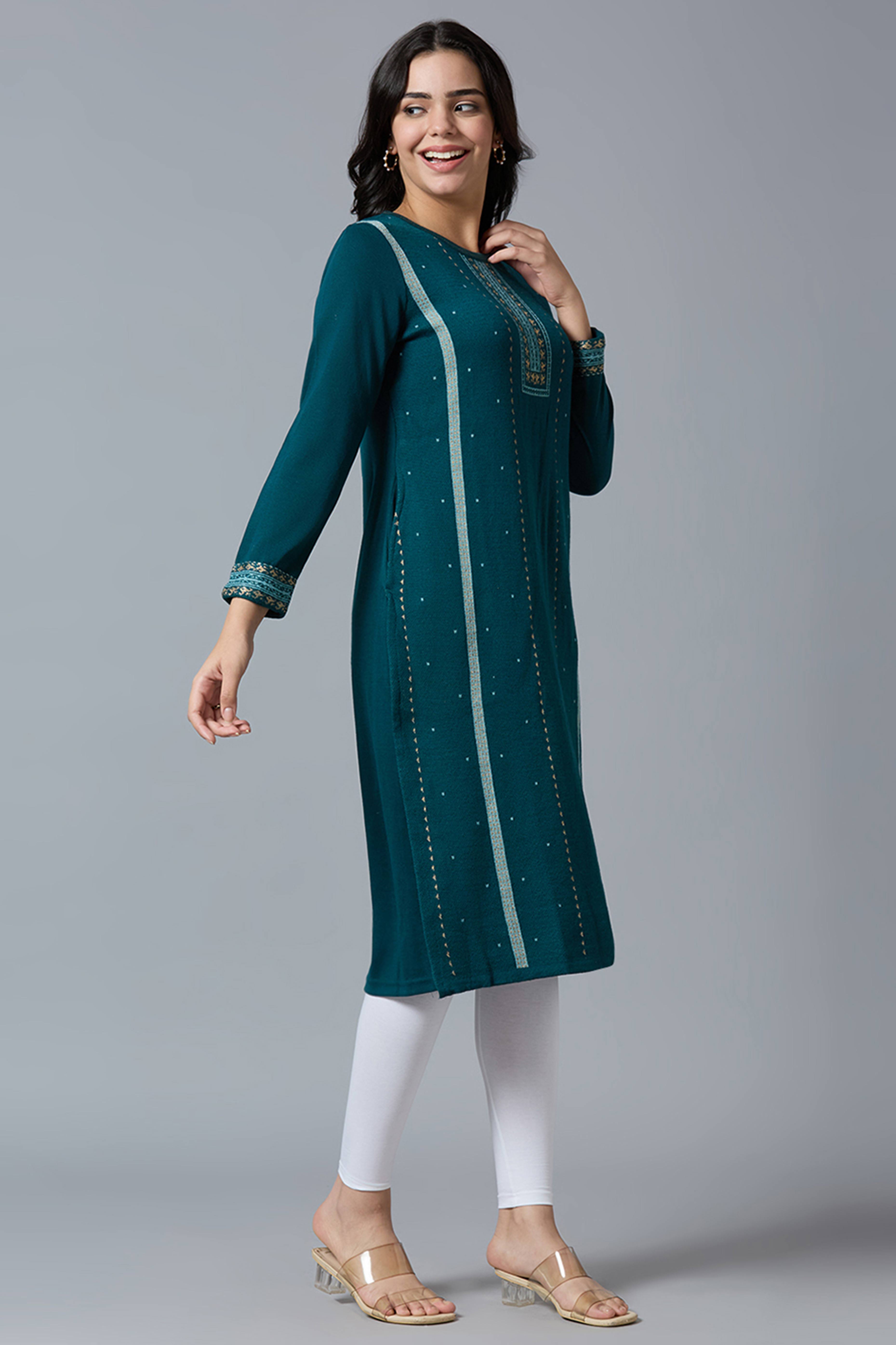 Dark Teal Woolen Straight Kurti