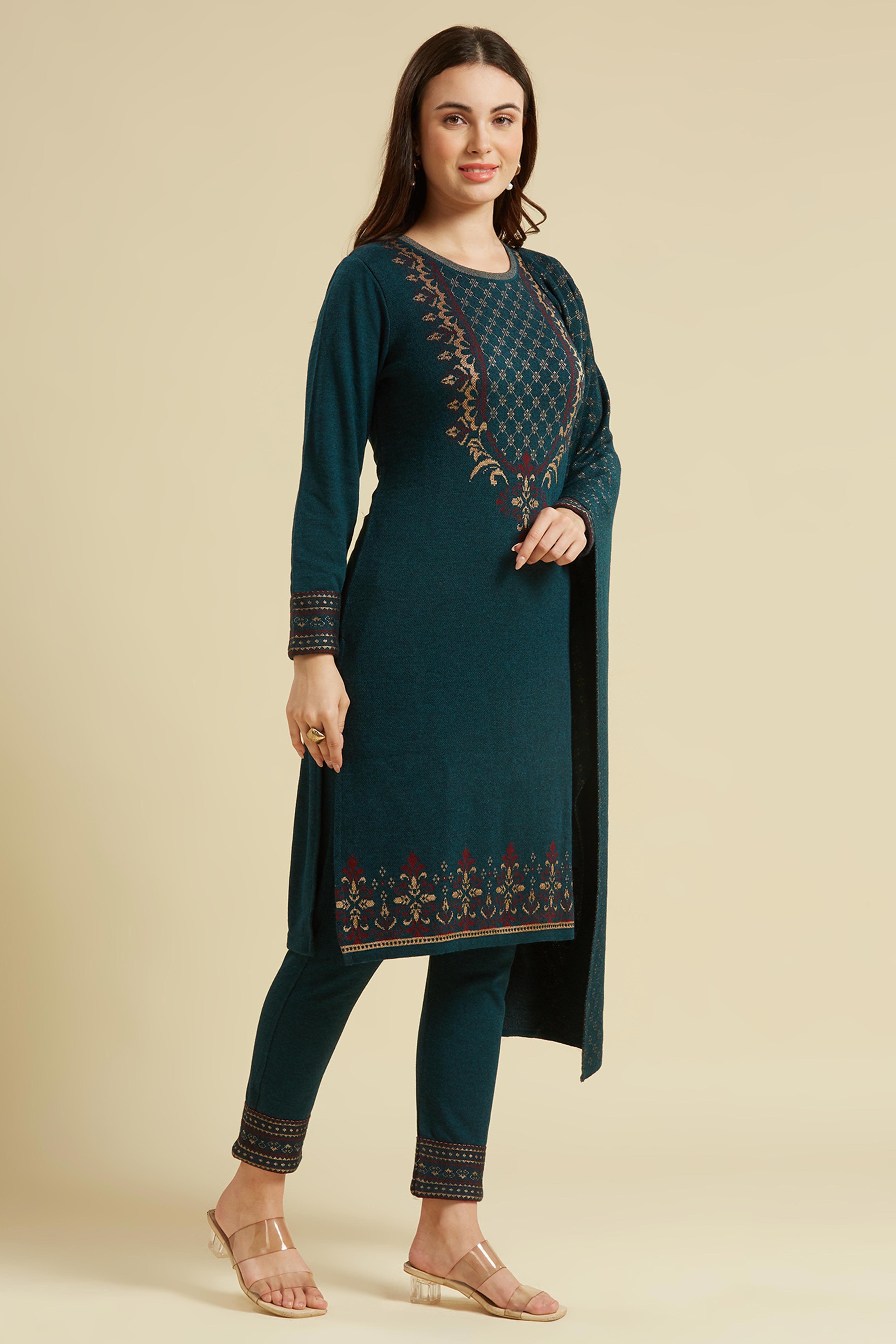 Dark Teal Floral Woolen Salwar Suit