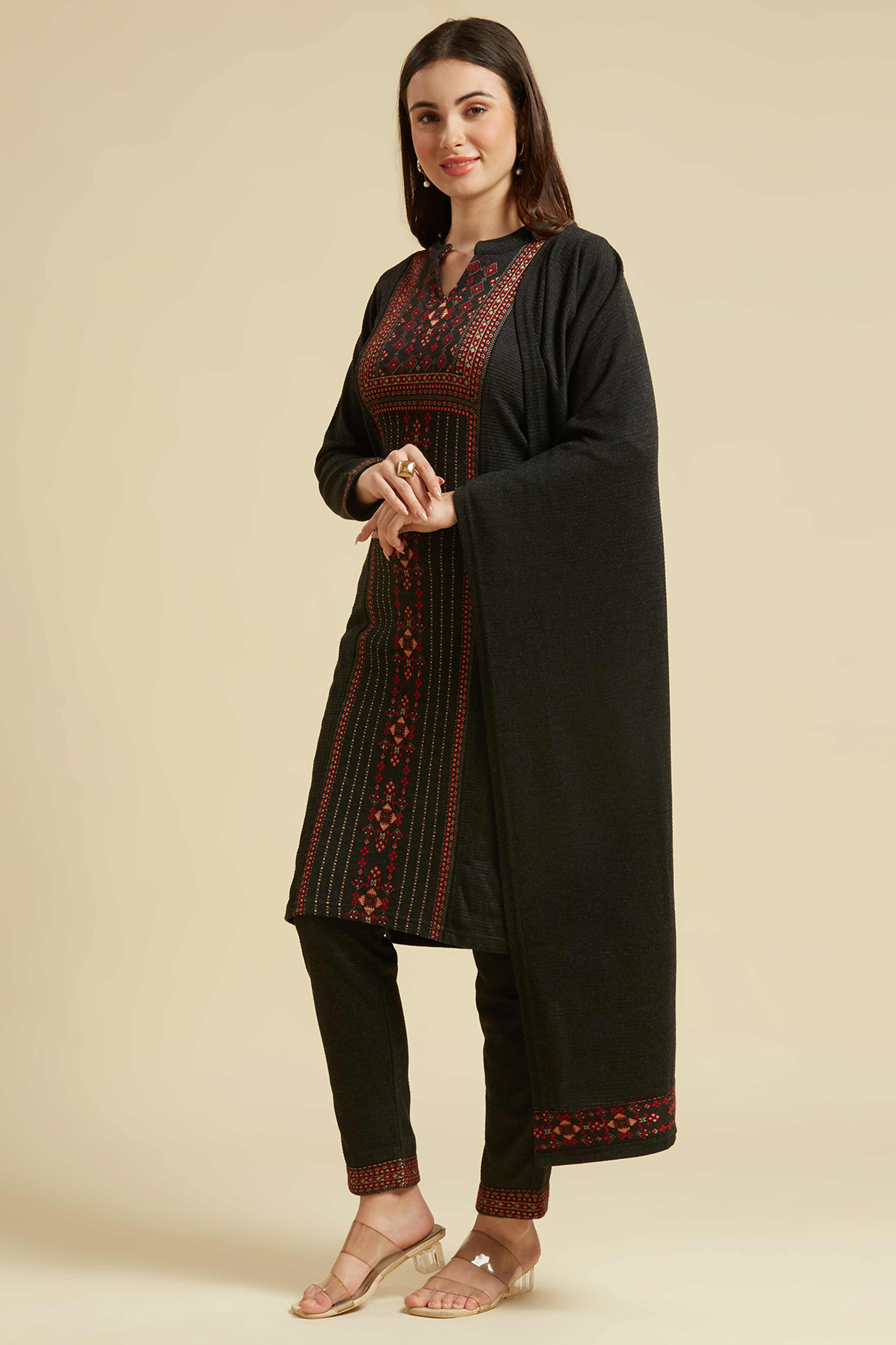 Grey Floral Woolen Salwar Suit