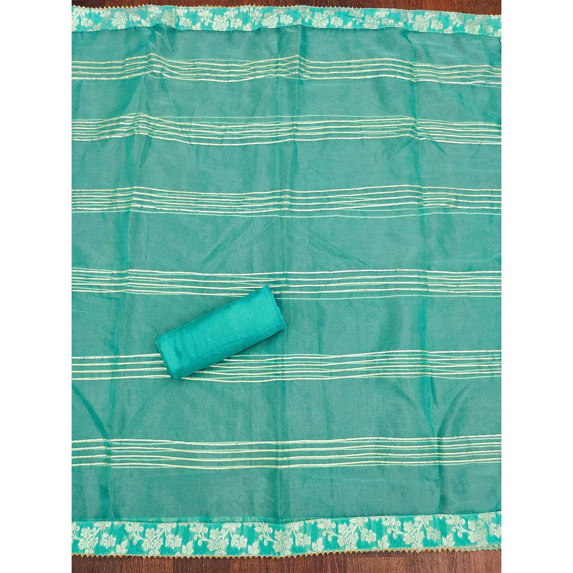 Turquoise Woven With Handwork Jacquard Dress Material