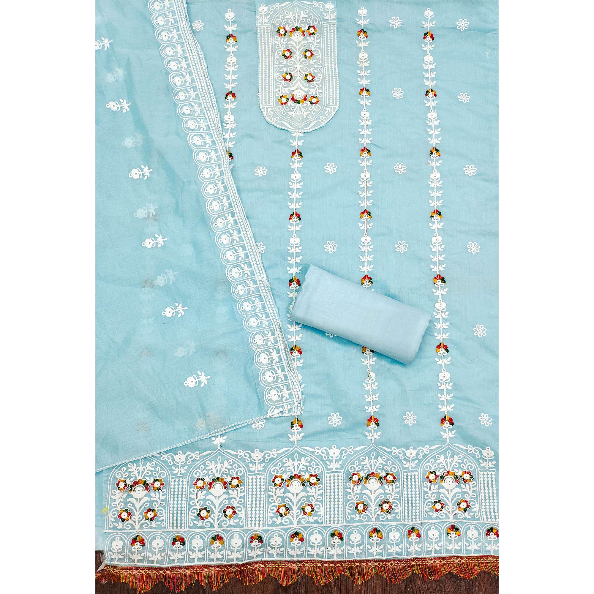 Sky Blue Floral Embroidered Chanderi Cotton Dress Material