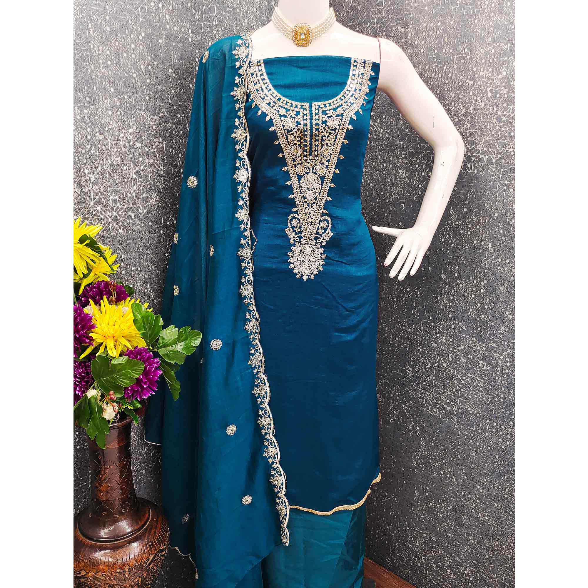 Elegant Blue Floral Embroidered Dress Material In Vichitra Silk With Sequins Detailing
