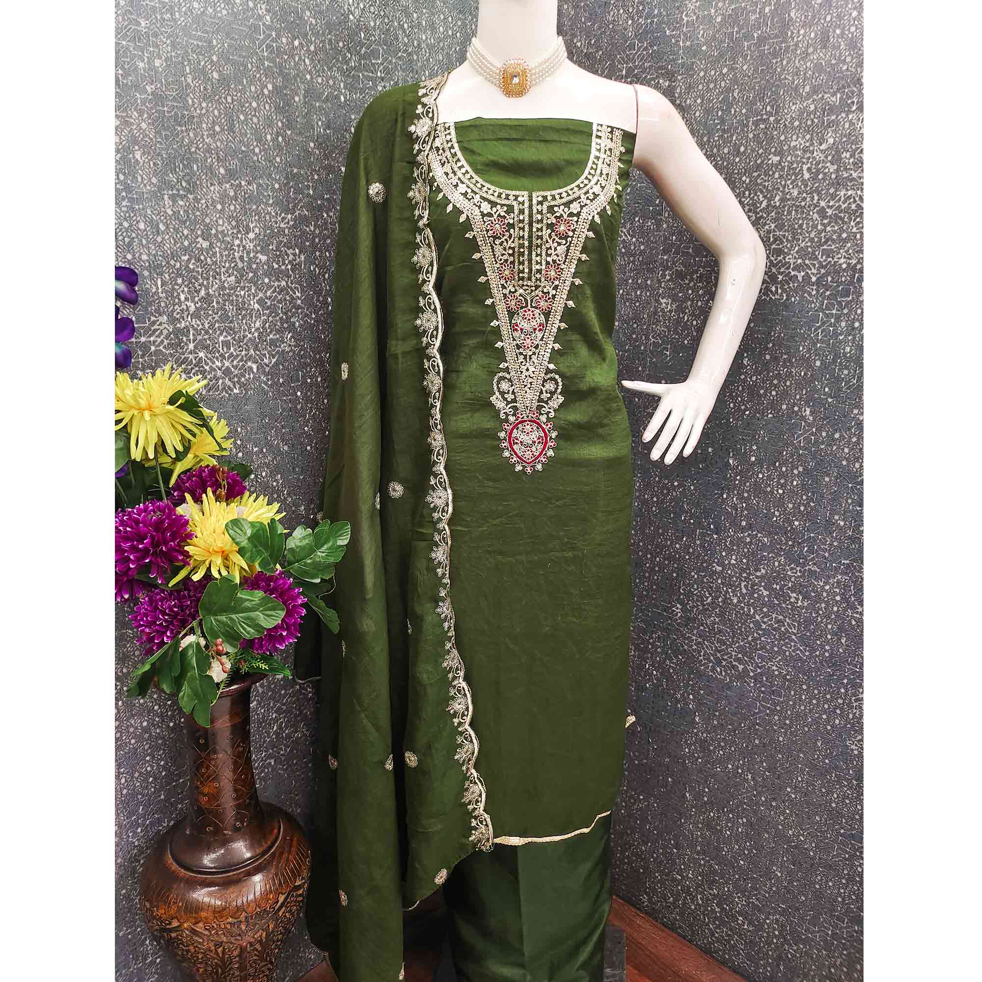 Elegant Green Floral Embroidered Dress Material In Vichitra Silk With Sequins Detailing