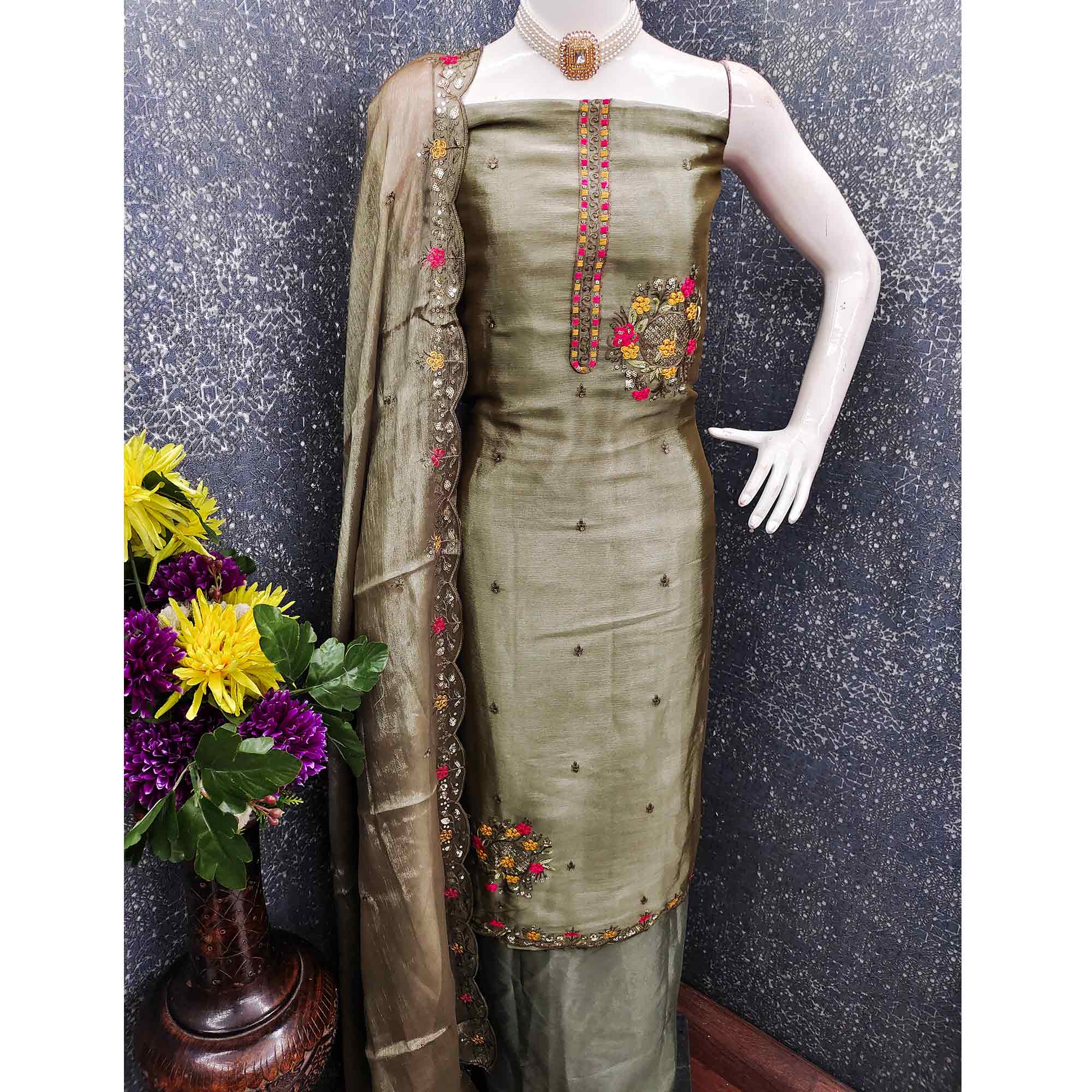 Graceful Green Silk Blend Dress Material Featuring Exquisite Floral Embroidery & Sequins Accents