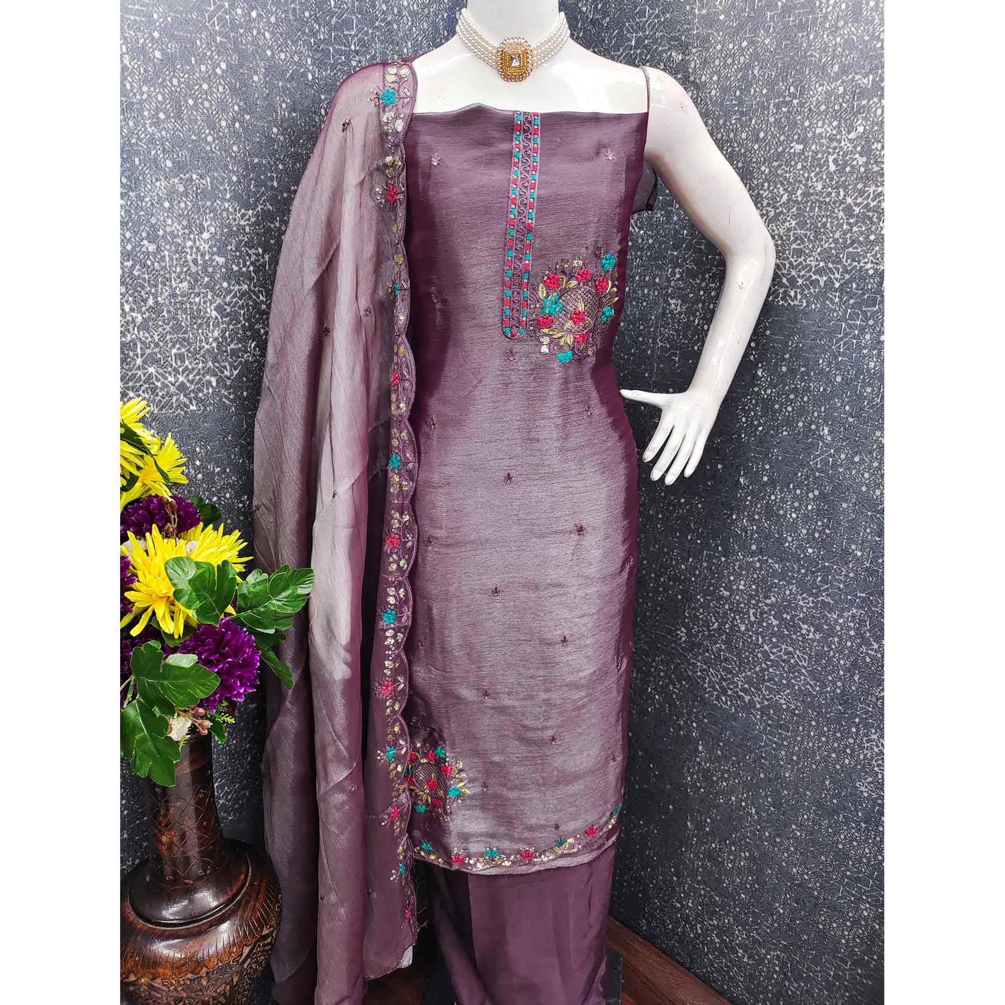 Graceful Lavender Silk Blend Dress Material Featuring Exquisite Floral Embroidery & Sequins Accents