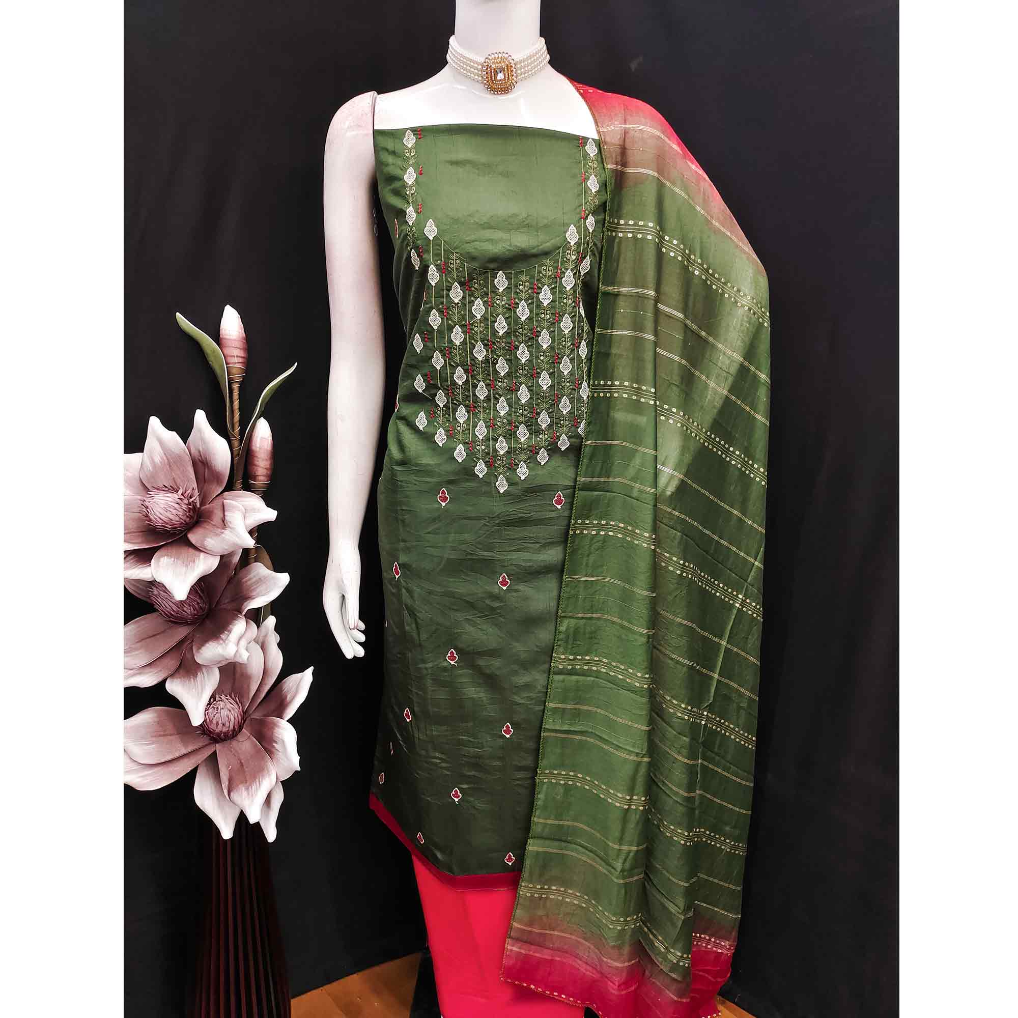 Elegant Green Floral Thread & Sequins Embroidered Silk Blend Dress Material