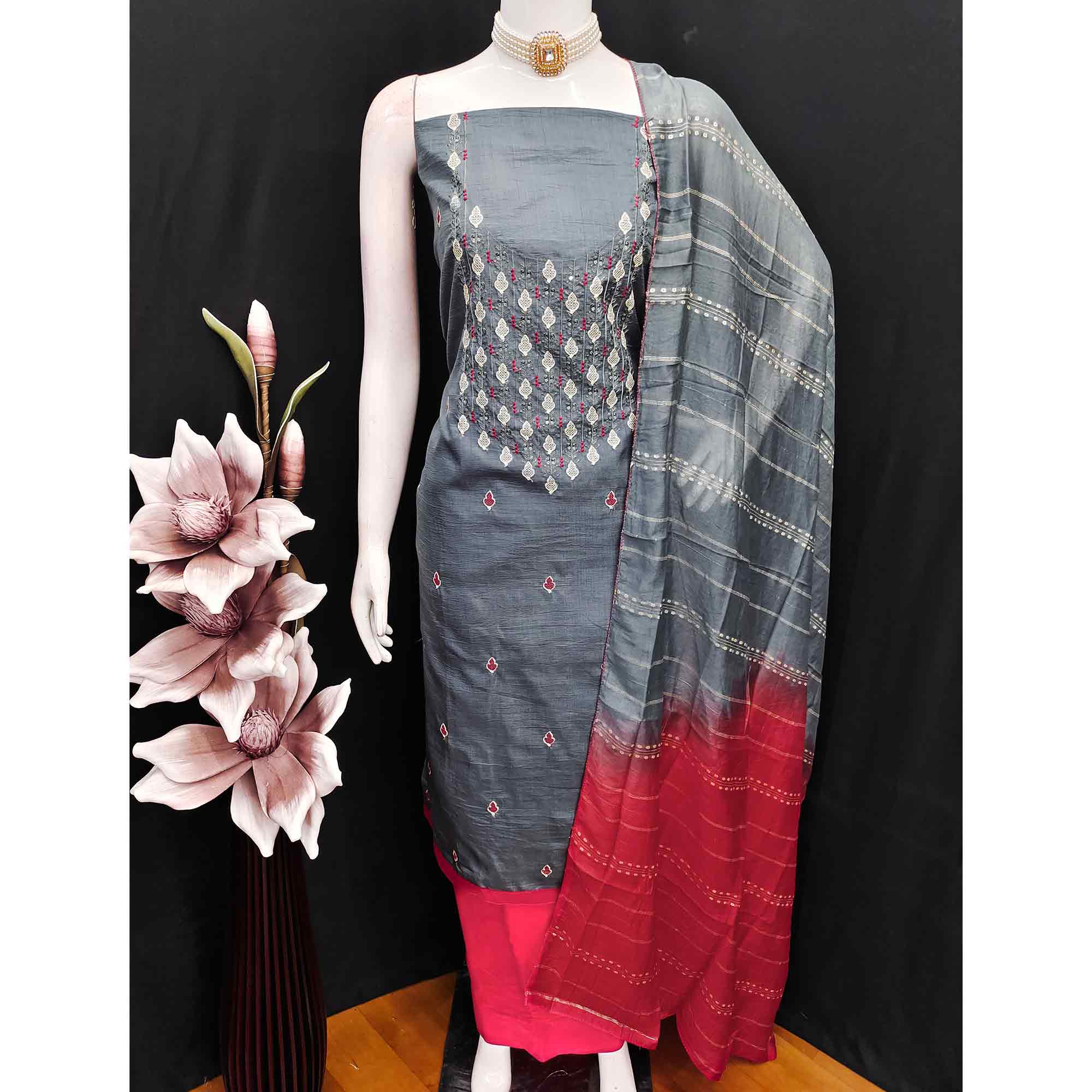 Elegant Grey Floral Thread & Sequins Embroidered Silk Blend Dress Material